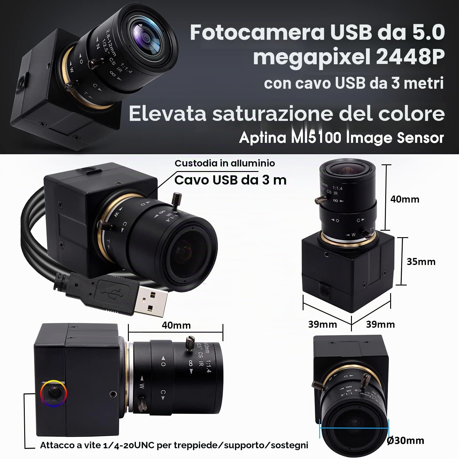 Svpro Telecamera USB da 5 MP con zoom 2,8 – 12 mm, ad alta risoluzione 2952 x 1944, grandangolare, lunghezza focale, telecamera industriale regolabile per Windows, Mac OS, Linux, Android