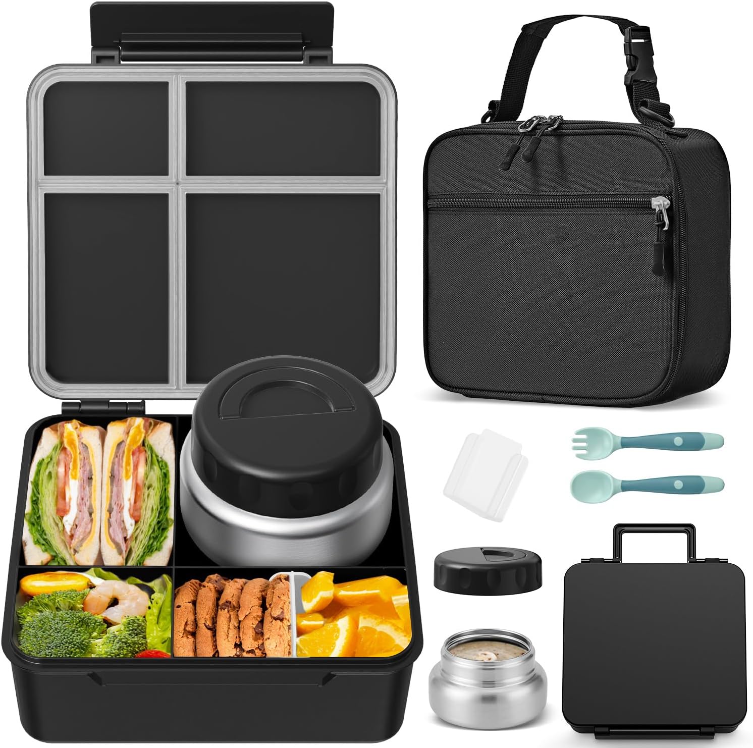 Kids Bento Lunch Box with Thermos, Leakproof Toddler Bento Box with 9 OZ Insulated Food Jar, Lunch Bag & Utensils 3 or 4 Compartment Container for School Girls Boys