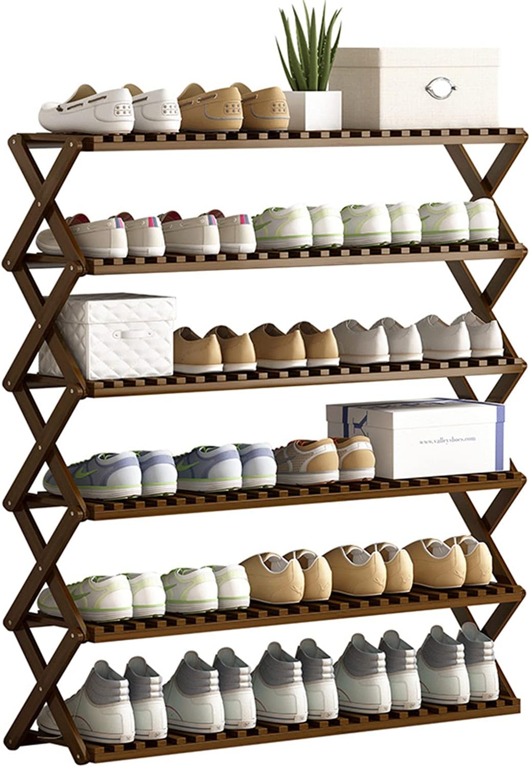 6段靴ラック、折りたたみ式竹靴オーガナイザーラック多機能収納自立型靴棚、リビングルーム、バルコニー、バスルーム、フラワースタンドに最