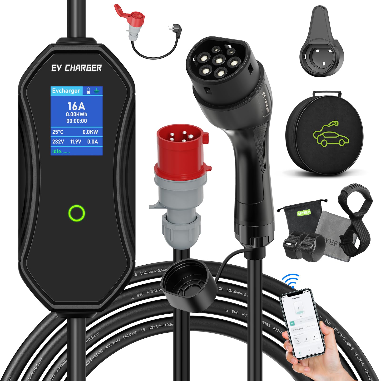Kabel do ładowania typu 2 CEE 16 A, 11 kW 8-16 A, 7 m, kompatybilny ze wszystkimi pojazdami elektrycznymi i hybrydowymi