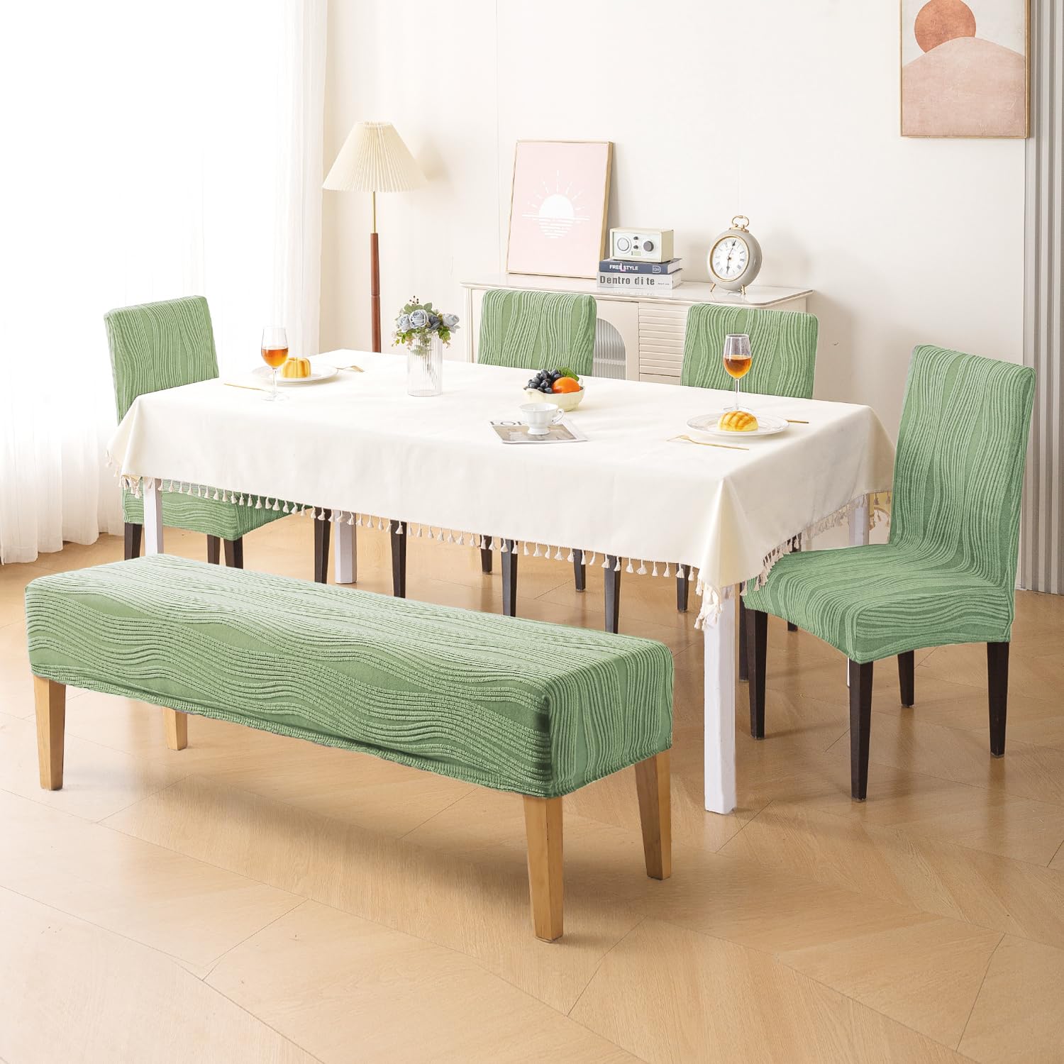 HOKIPO 200 GSM Premium Knitting Jacquard Stretchable Dining Chair Covers Set of 4 with Bench Cover – 'Nestiva Series', Pastel Green (AR-6284-GRN)-image-31