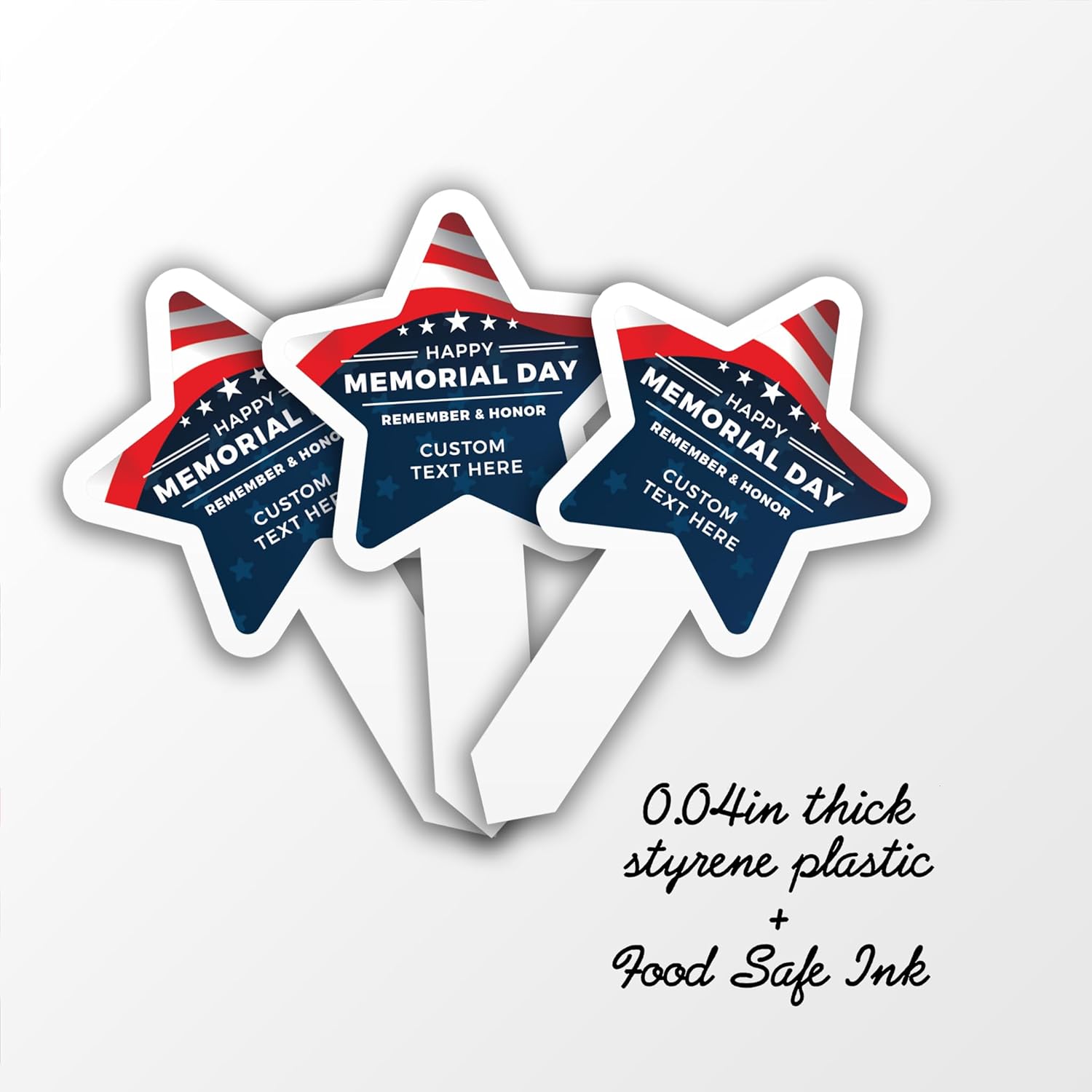 Custom Memorial Day Cupcake Toppers, 2x4 Inches, Solid Plastic Personalized Patriotic Cupcake Toppers, Star Shaped Dessert Picks (25)