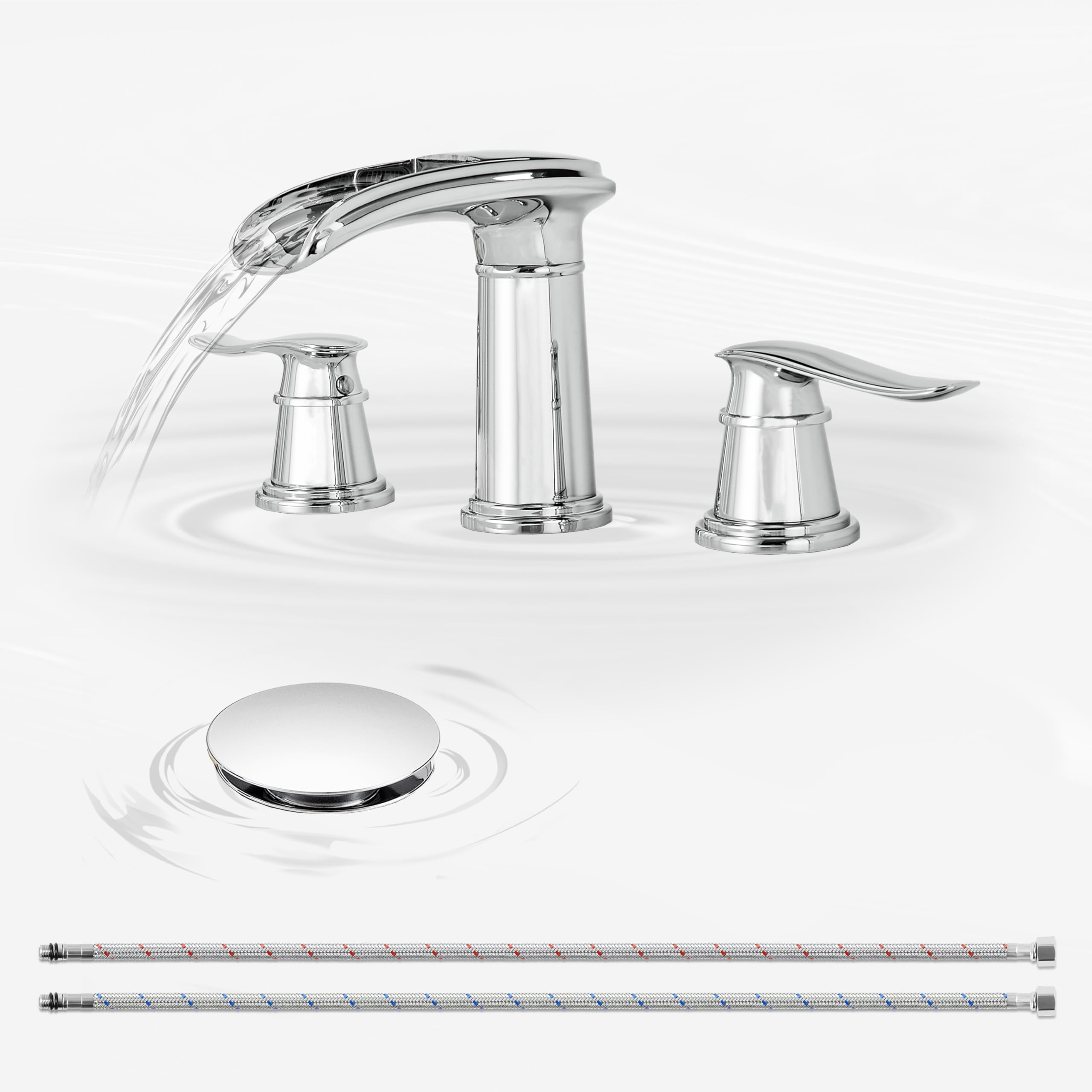 Sxithgkdw Chrome Waterfall Bathroom Faucet 3 Hole, 8 Inch Widespread Bathroom Sink Faucet, Brass Two Handle Bathroom Faucet With Pop-Up Drain, For Vanity, Lavatory Sink