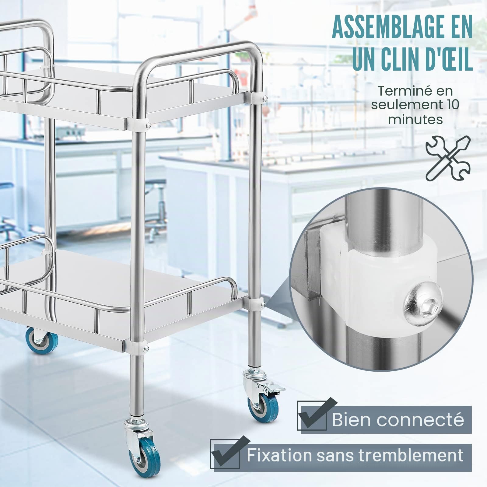VEVOR Chariot de Laboratoire à 2 Étages, Service Médical 50*40*85 cm, Servante d'Atelier en Acier Inoxydable, Outil de Montage pour Hôtel, Salon, Beauté
