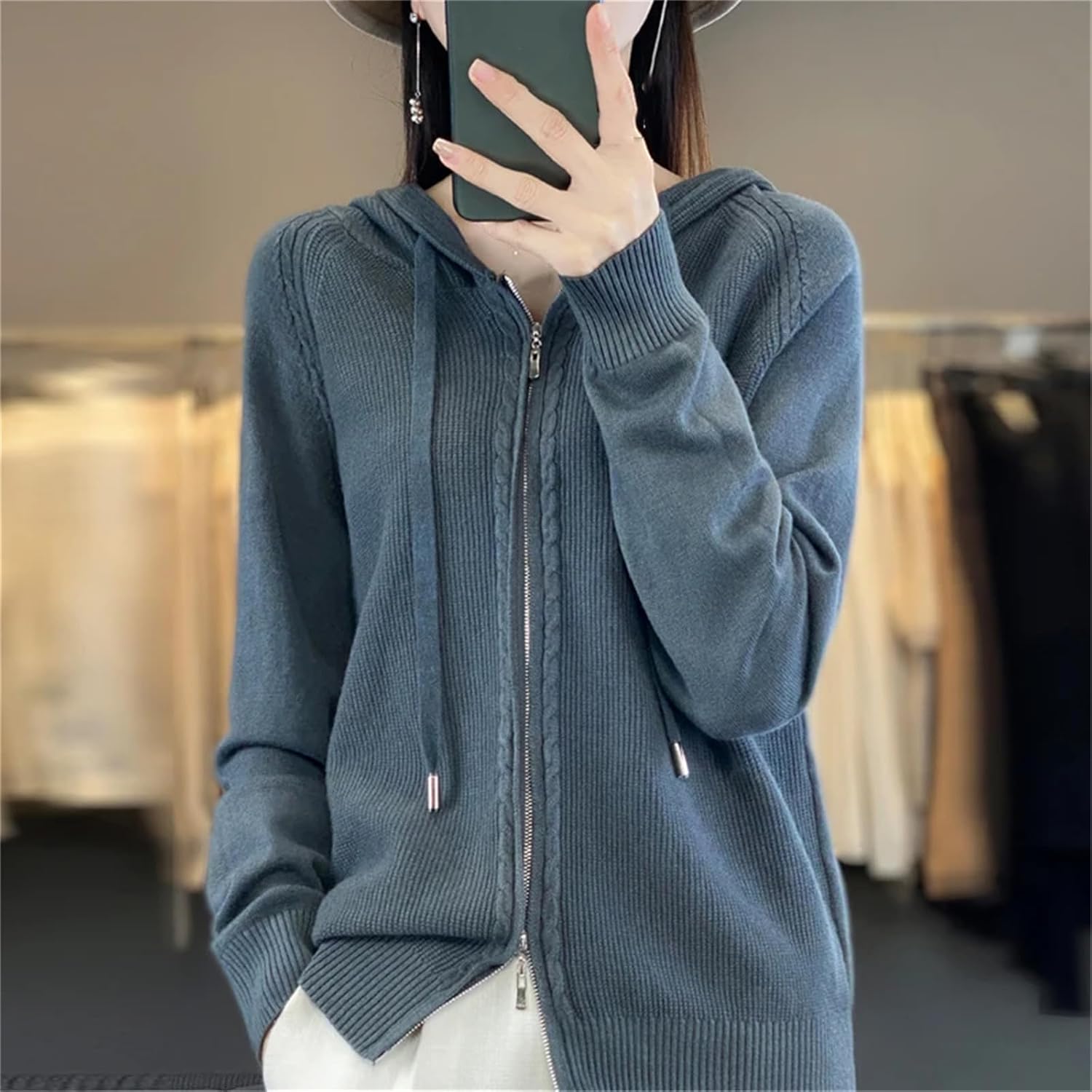 Women Knitwear Long Sleeve Cashmere Hooded Cardigan Cashmere Sweater Coat