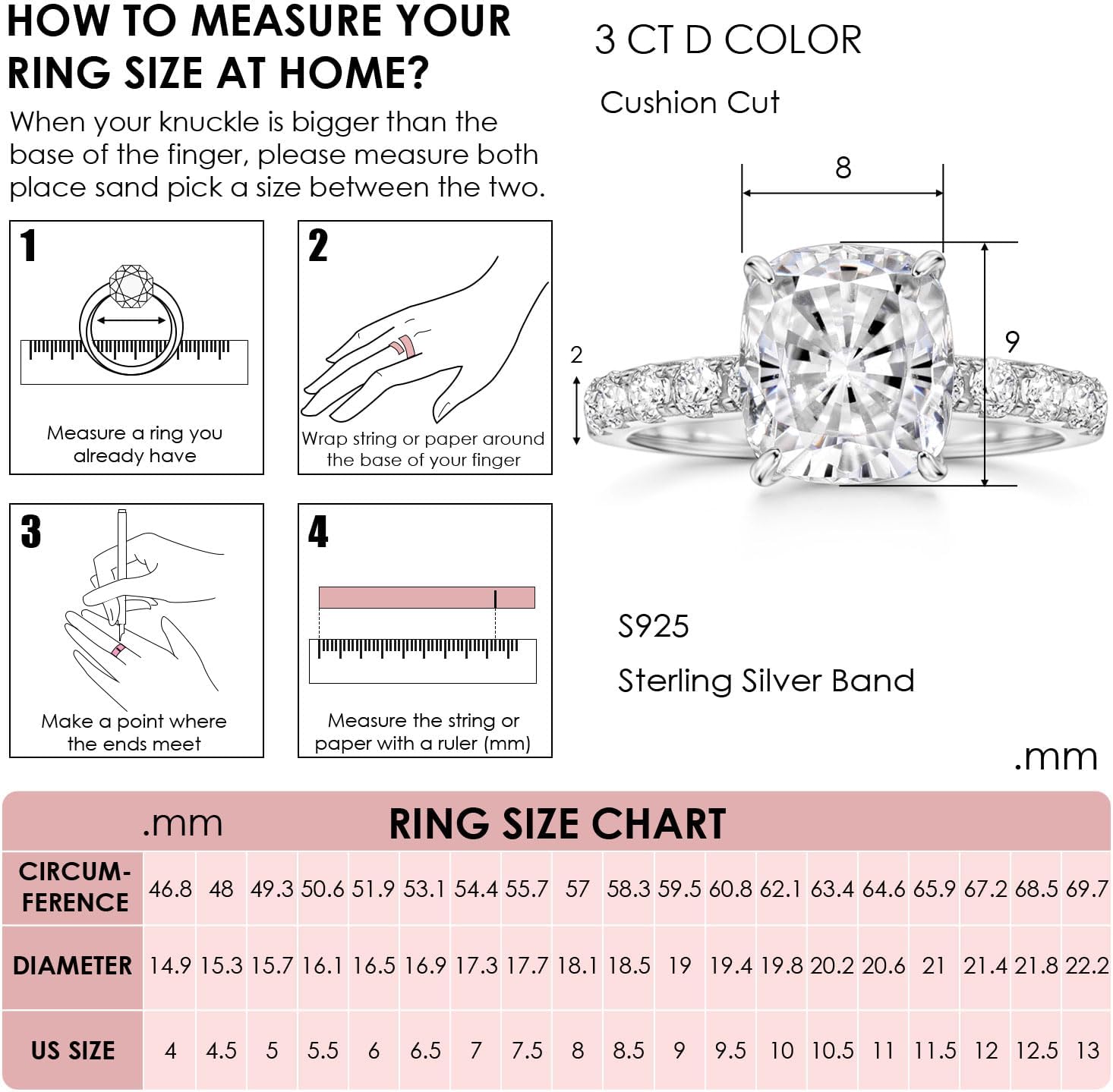 Michooyel S925 3ct Cushion Cut Cubic Zirconia Engagement Rings For Women Wedding Ring Promise Ring Sterling Silver Wedding Band - Image 5