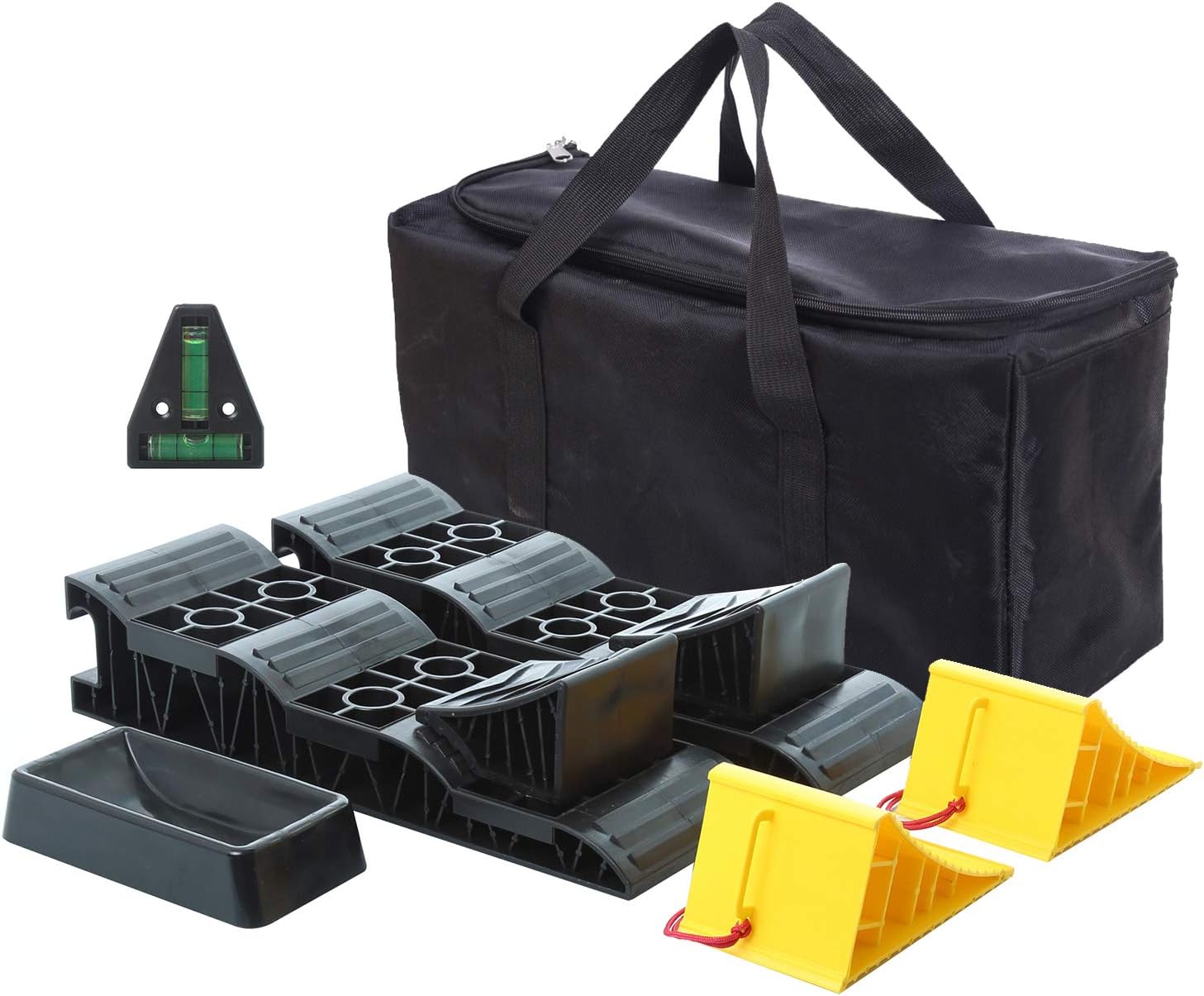 Homeon Wheels Large RV Leveling Blocks 2 Pack and Two Locking Chocks, Two Camper Leveling Blocks Wheel Chocks with Handle and Rope One Trailer Jack Wheel Dock One T Level with Carrying Bag Value Pack