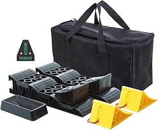Homeon Wheels Large RV Leveling Blocks 2 Pack and Two Locking Chocks, Two Camper Leveling Blocks Wheel Chocks with Handle and Rope One Trailer Jack Wheel Dock One T Level with Carrying Bag Value Pack