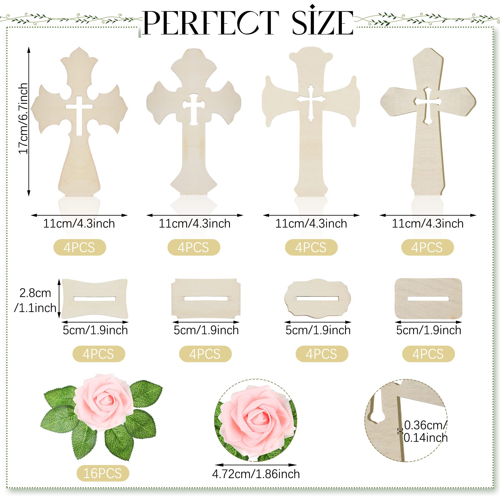 Weysat 16 Sets Wooden Crosses for Crafts Baptism Centerpieces for Tables Standing Wooden Cross with Base and Artificial Flowers Fake Roses First Communion Centerpieces for Wedding Home Decor(Pink)