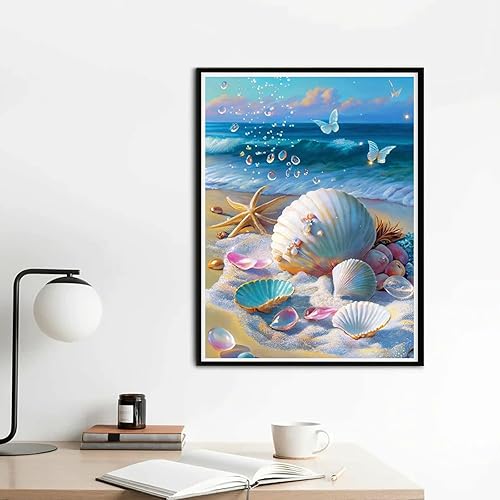 Miniatura 3 de YEEIFFD Kit de pintura de diamantes de conchas de playa, arte de diamantes 5D para adultos y niños, accesorios de arte de gemas para manualidades,