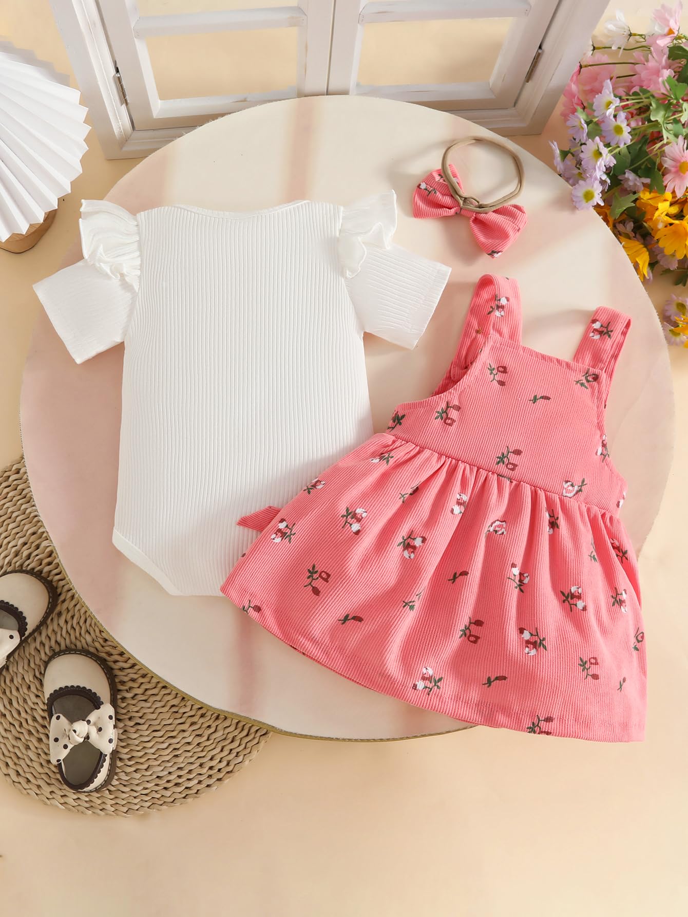 Conjuntos Falda Para Niña Recién Nacida Blusa de Manga Corta y Falda con Tirantes y Lazo Ropa de Verano Para Niña Bebé — view 2