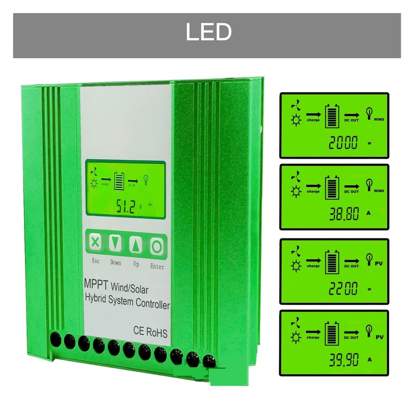 Kontroler słoneczny, 12V 24V 48V 2000W MPPT Wiatrowy regulator ładowania słonecznego Regulator generatora wiatrowego do litowo-ołowiowego kwasu Lifepo4