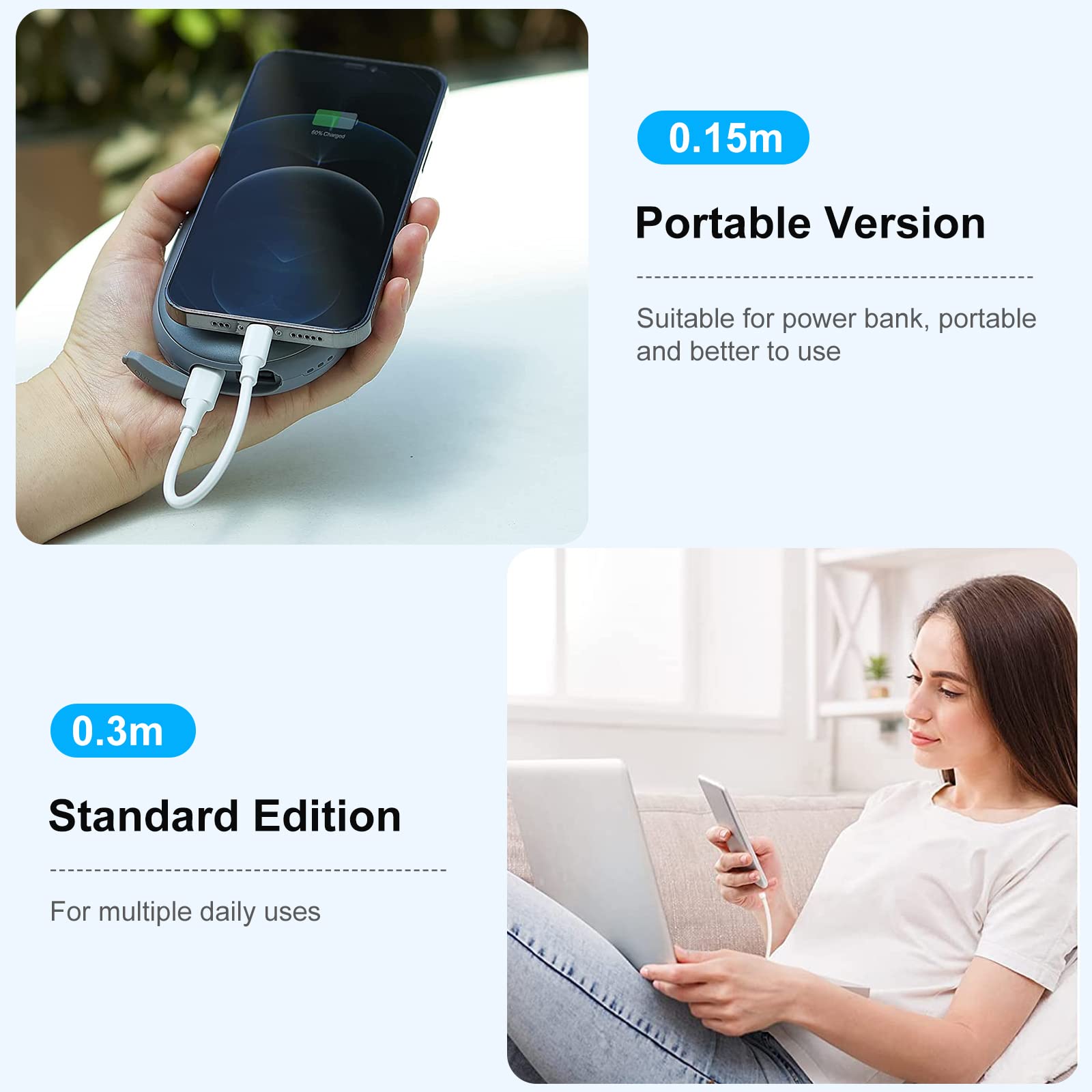 Amoner USB C Lightning Cable 30CM+15CM certifié MFi Lot de 2 câbles de chargeur PD courts pour iPhone compatibles avec iPhone 14/13/12/11/SE/XS/XR/X/8/8 Plus/7/6, Airpod, iPad/Air/mini
