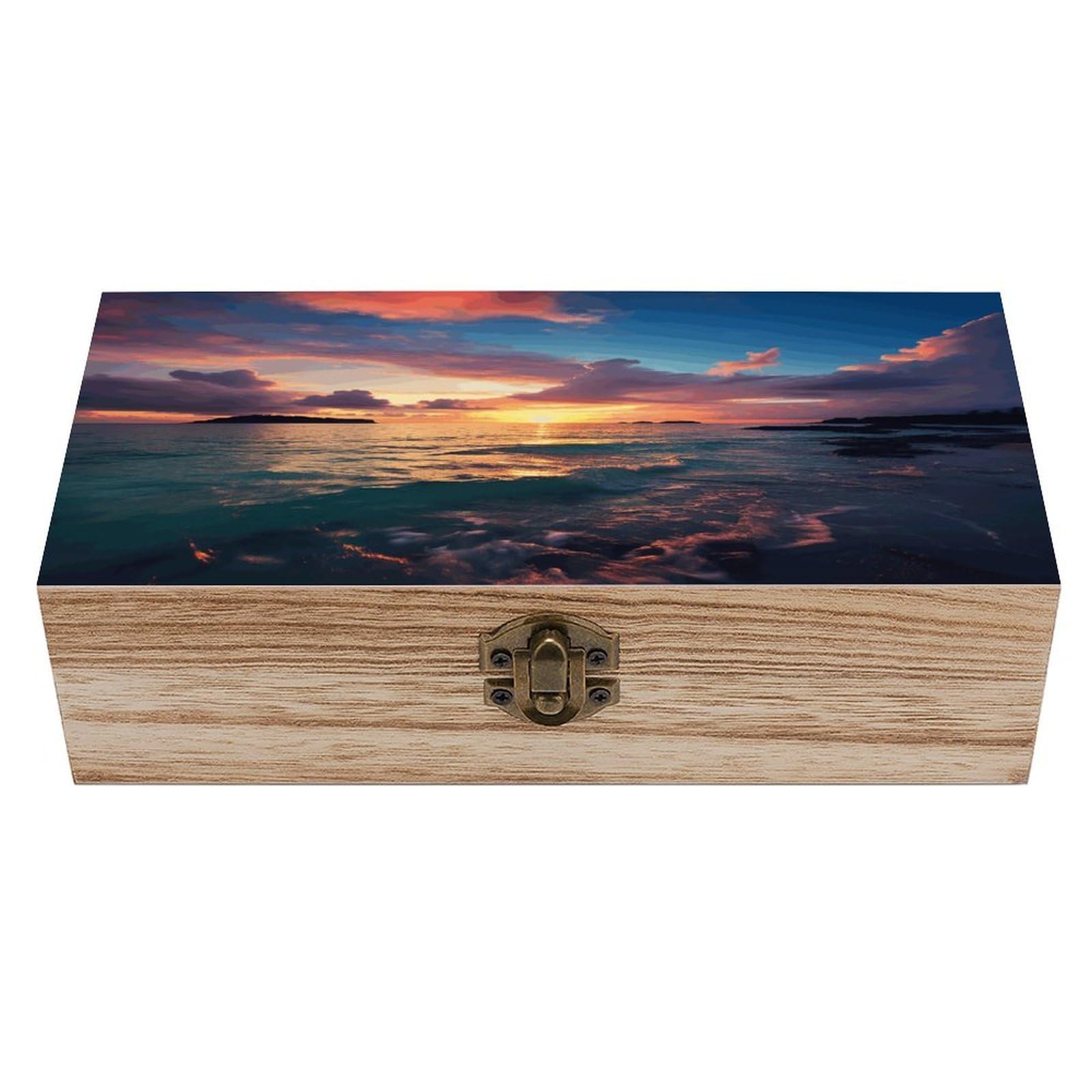FekiLoot Ocean And Sunset Wooden Box with Hinged Lid Vintage Storage Box Beautifully Wood Keepsake Boxes Jewellery Organiser & Trinket Holder Unique Gift Ideas for Men & Women