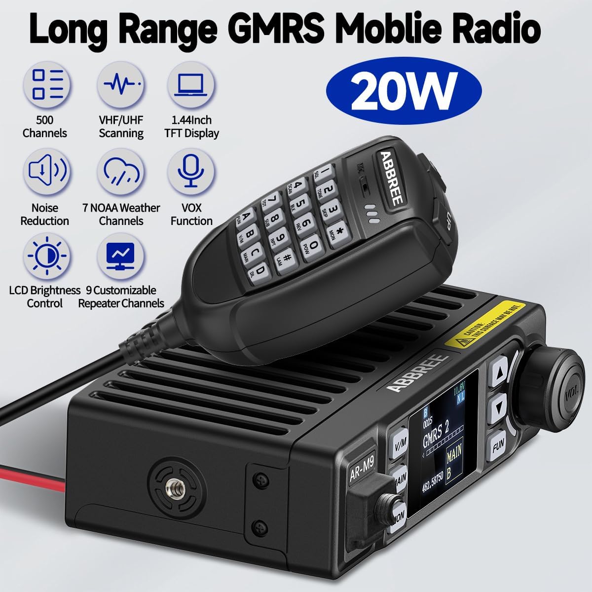 GMRS Mobile Radio,20Watt Long Range 500 Channels Two Way Radio NOAA GMRS Repeater Capable with Programming Cable,Cigar DC Adatper,Noise Reduction for Car Vehicle,Off Road Overlanding Gear
