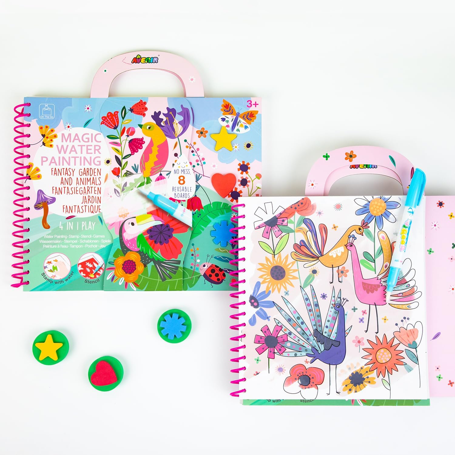 Avenir Reusable Water Coloring Book for Toddlers 3-5 Years, Road Trip & Airplane Mess-Free Portable Educational 4 in 1 Creative Set Water-Reveal Paint Activity Doodle Pad Kids Art Crafts