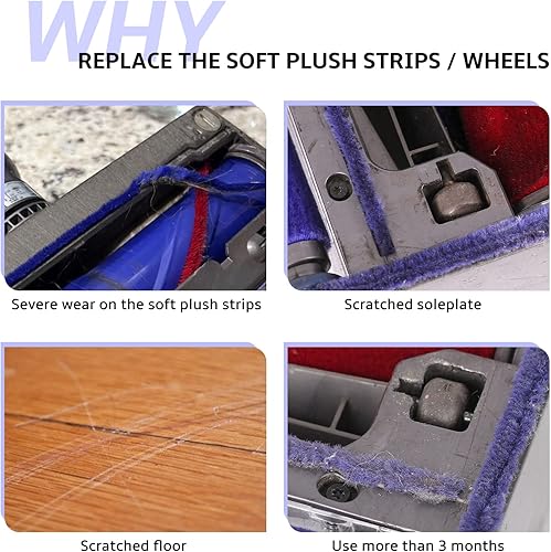 Miniatura 4 de Kit de tiras y ruedas de felpa suave compatible con piezas de repuesto de cabezal limpiador de rodillo suave Dyson, un juego de 6 tiras de 9.1