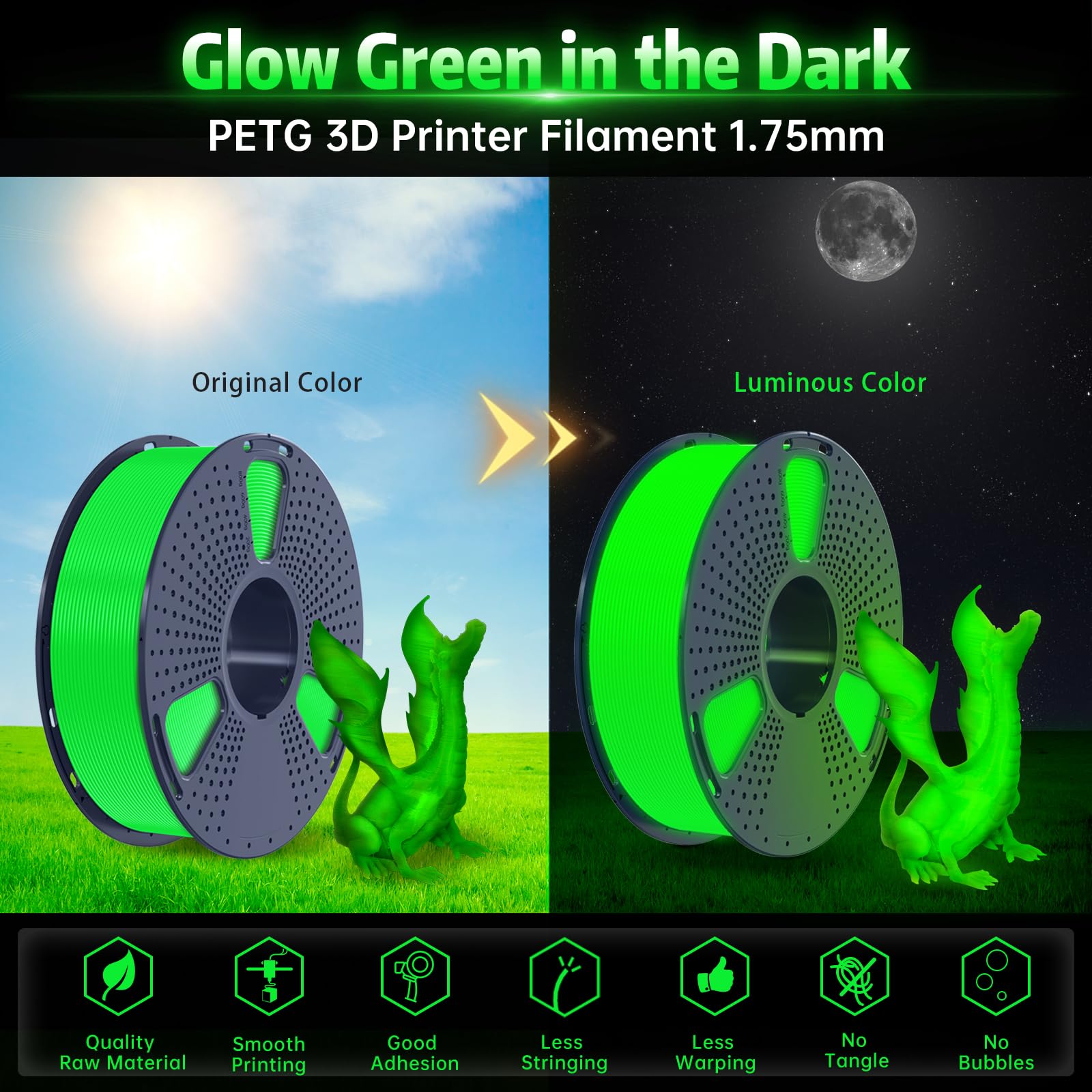 SUNLU PETG Filament PETG phosphorescent pour imprimante 3D 1,75 mm, haute luminosité et longue durée de vie, précision dimensionnelle +/- 0,02 mm, bobine de 1 kg (PETG vert, vert brillant)