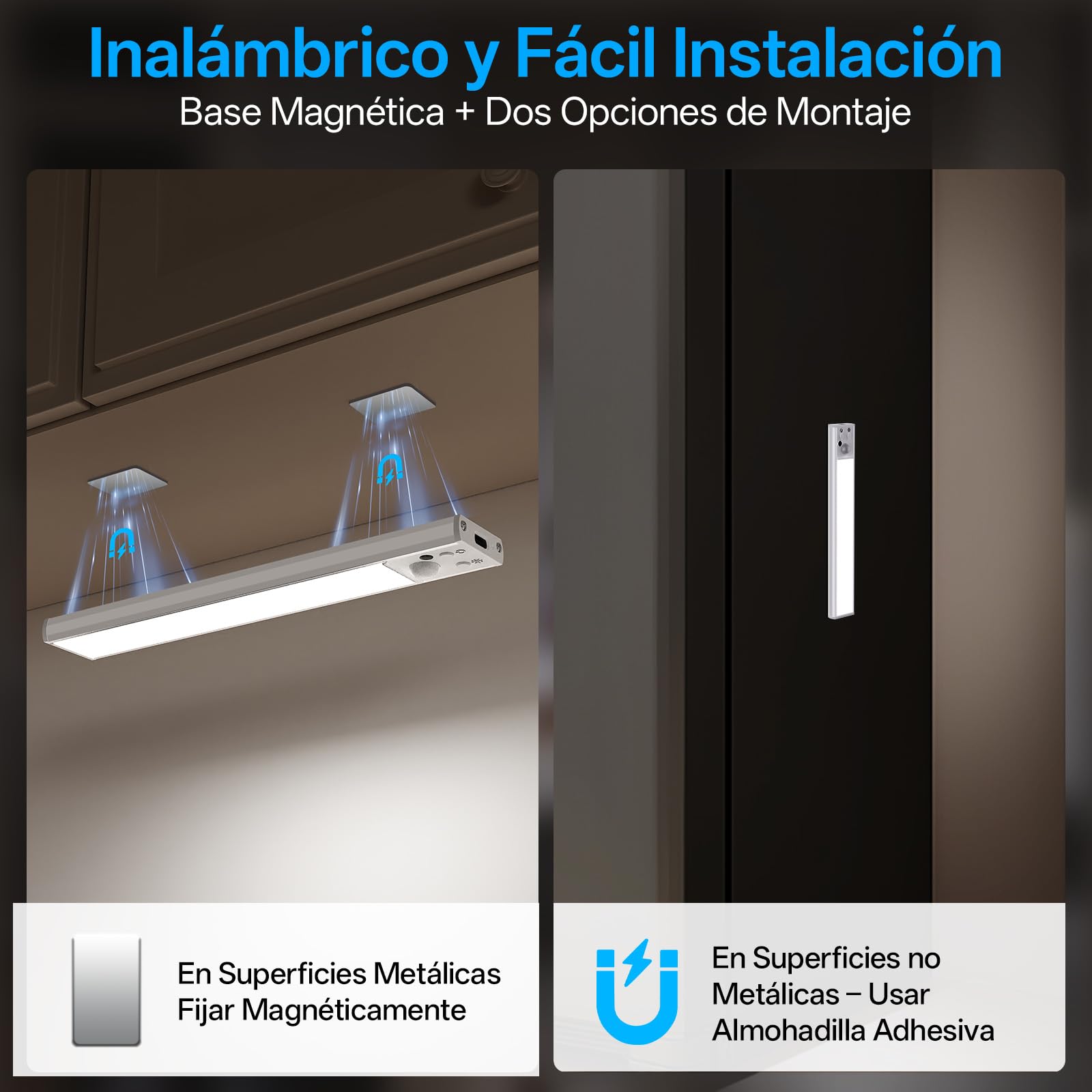 Luz Led con Sensor de Movimiento, Base de Carga, 6 Piezas | 20 cm Luz Armario, Luces Armarios sin Cable, 3 Modos de Funcionamiento 3 Temperatura de Color para Pasillo, Cocina
