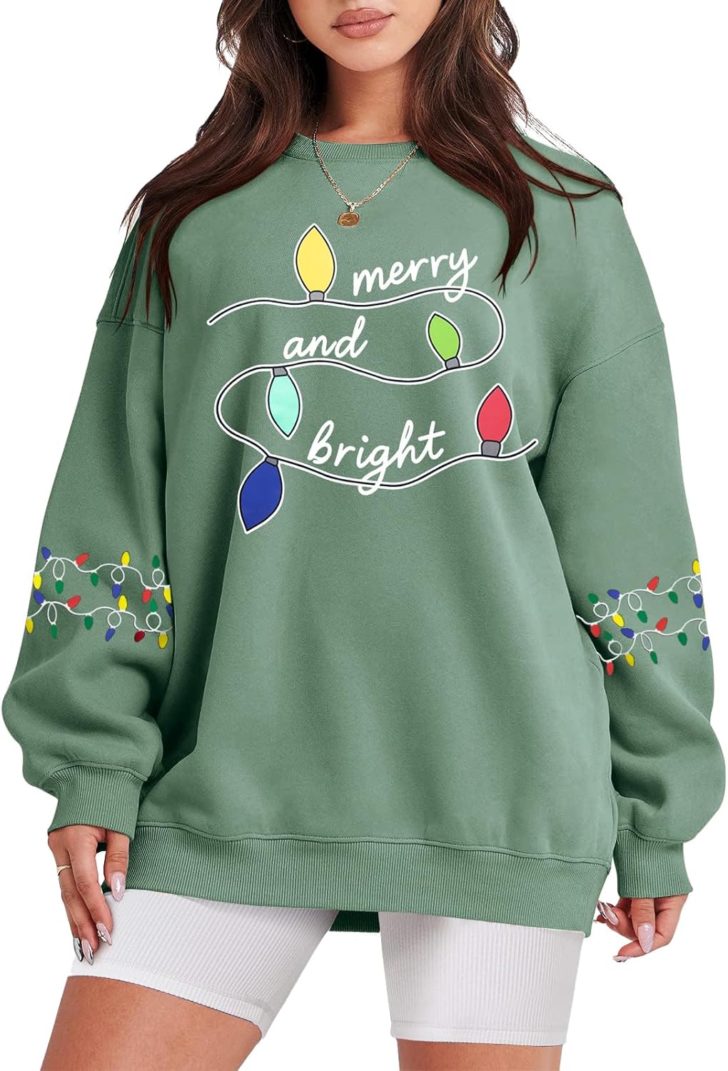 Oversized Christmas Sweatshirt Women Merry and Bright Shirt Christmas Tree Lights Sweatshirts Xmas Holiday Pullover Tops