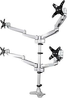 StarTech.com Desk Mount Quad Monitor Arm Premium Articulating VESA 4 Monitor Mount 2x2 up to 27" Ergonomic Height Adjustable Pole Mount - Tilt/Swivel/Rotate - C-Clamp/Grommet - Silver (ARMQUADPS)
