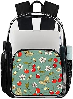 Linda mochila transparente flor de cerejeira bolsas para livros resistentes, mochila transparente impermeável cereja doce mochila transparente de PVC com alça de ombro reforçada para escola, trabalho, viagens, Multicor