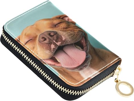 Leather Wallet Women RFID Blocking Credit Card Wallets Cute Zip Around Coin Change Purse with Zipper Brown Pitbull Funny Dog