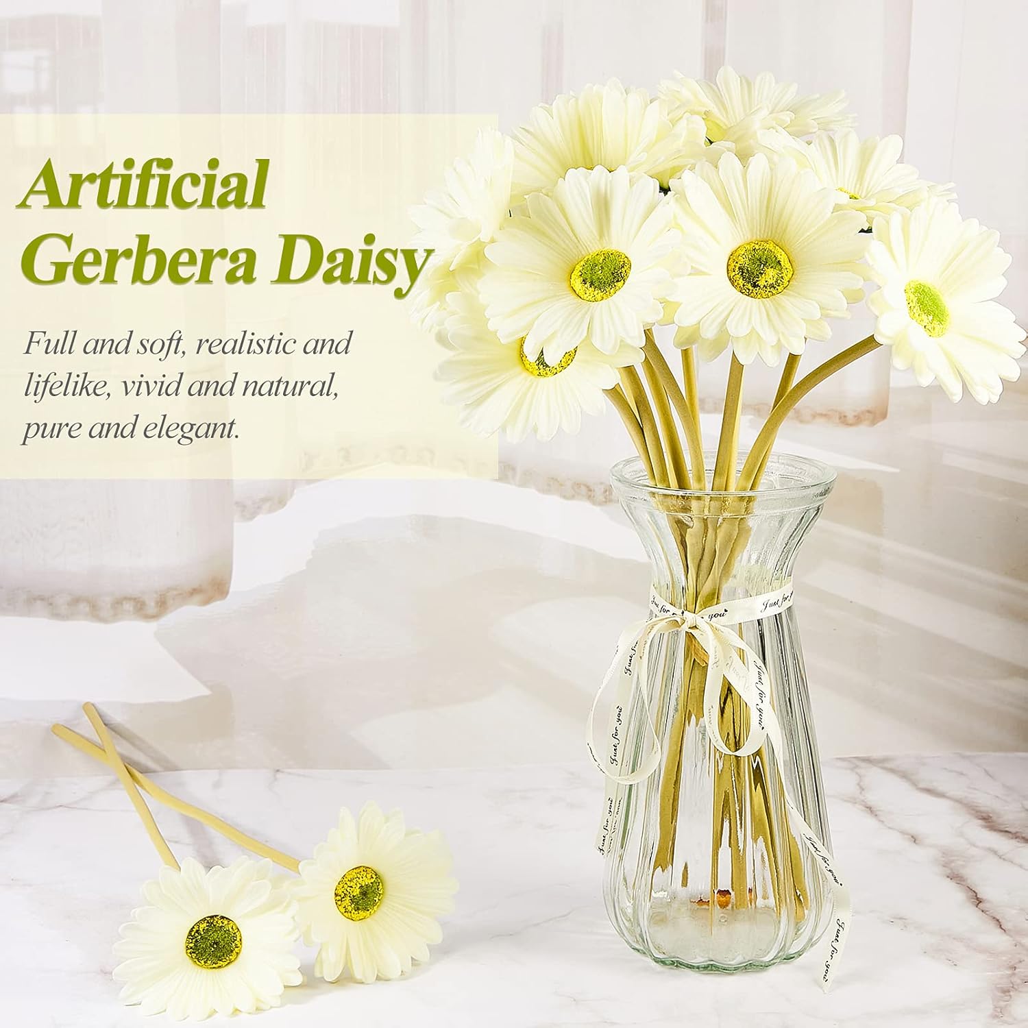 WILLBOND 18 Pcs Artificial Gerbera Daisies Flowers 15 in White Fake Daisy Bouquet with Flexible Stems Boho Faux Wildflower for Wedding Bridal Groovy Party Home Kitchen Decor, 6 Colors - Image 4