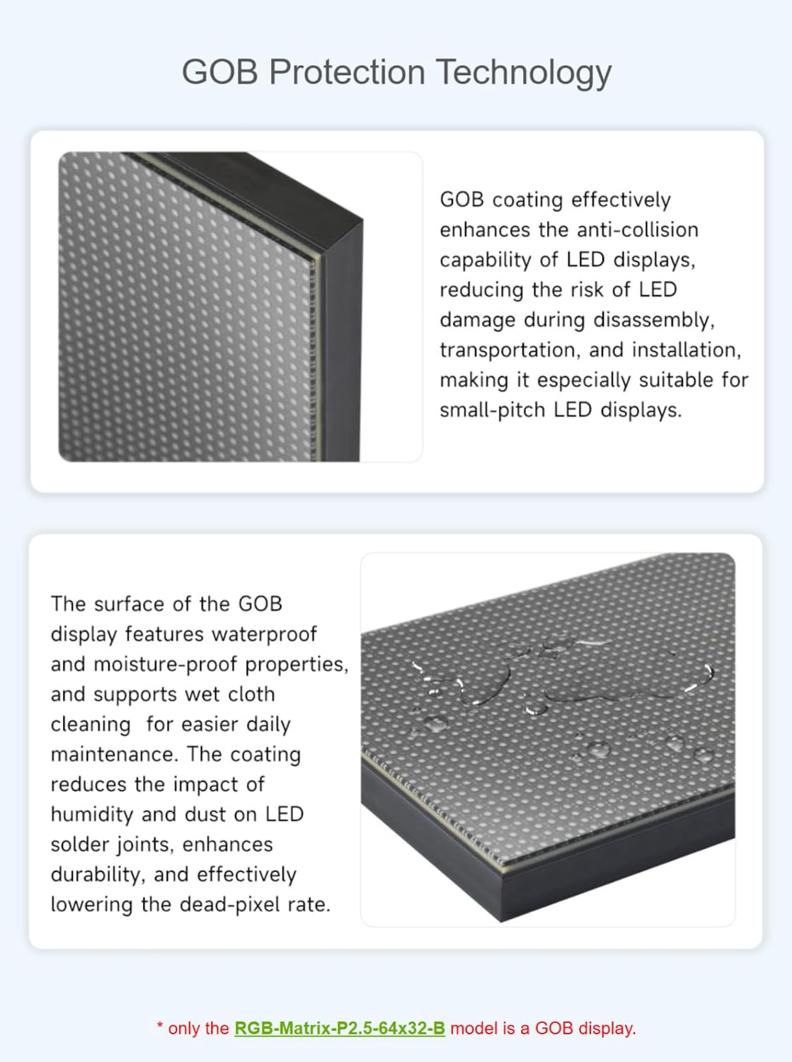 TUOPUONE RGB Full-Color LED Matrix Panel, 2.5mm Pitch, 64 × 32 Pixels, Adjustable Brightness, GOB Version