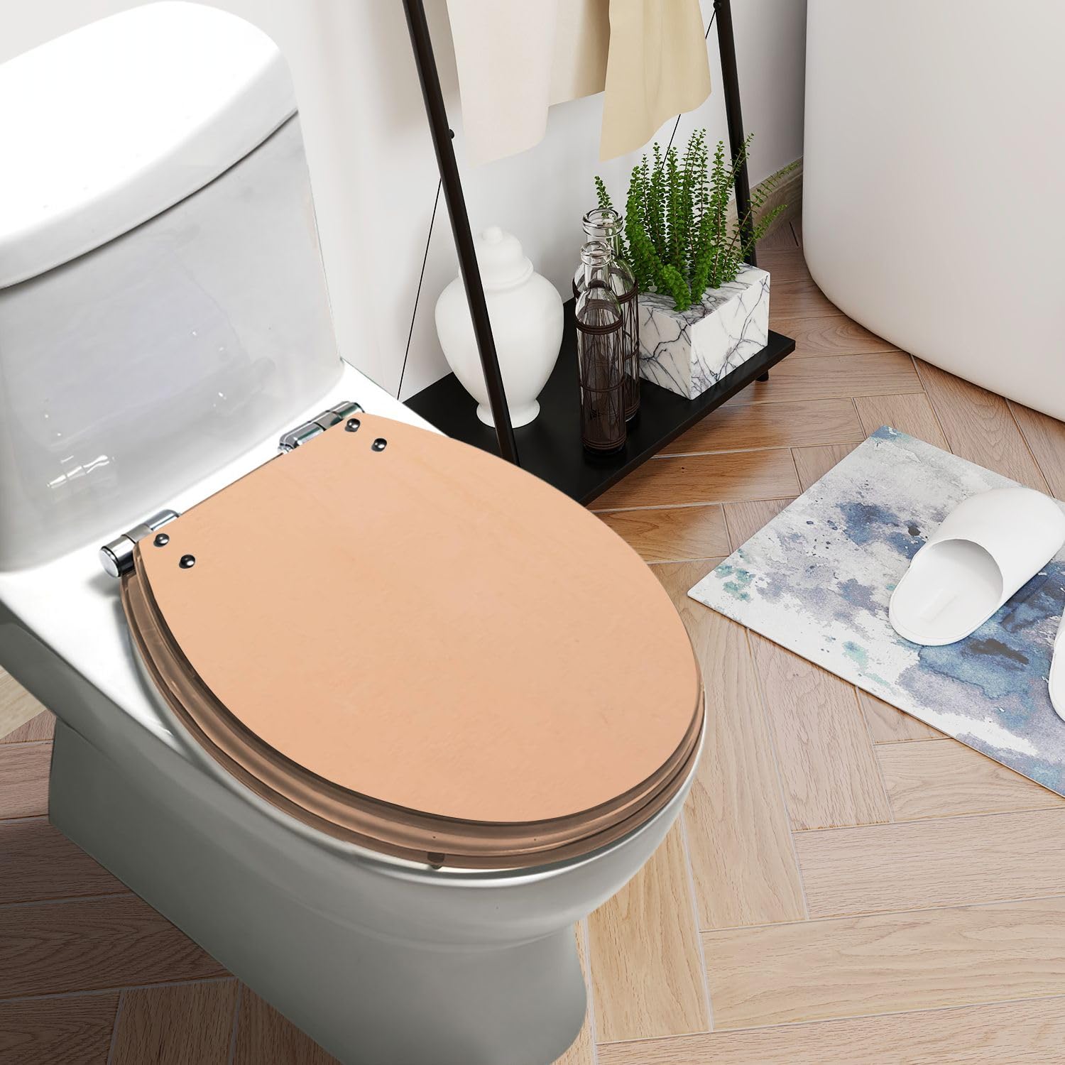 Round Toilet Seat a peach colored concrete wall Resin Toilet Seat Quietly Slow Close with Quick-Release Hinges Toilet Seat with Cover Easy to Clean Install