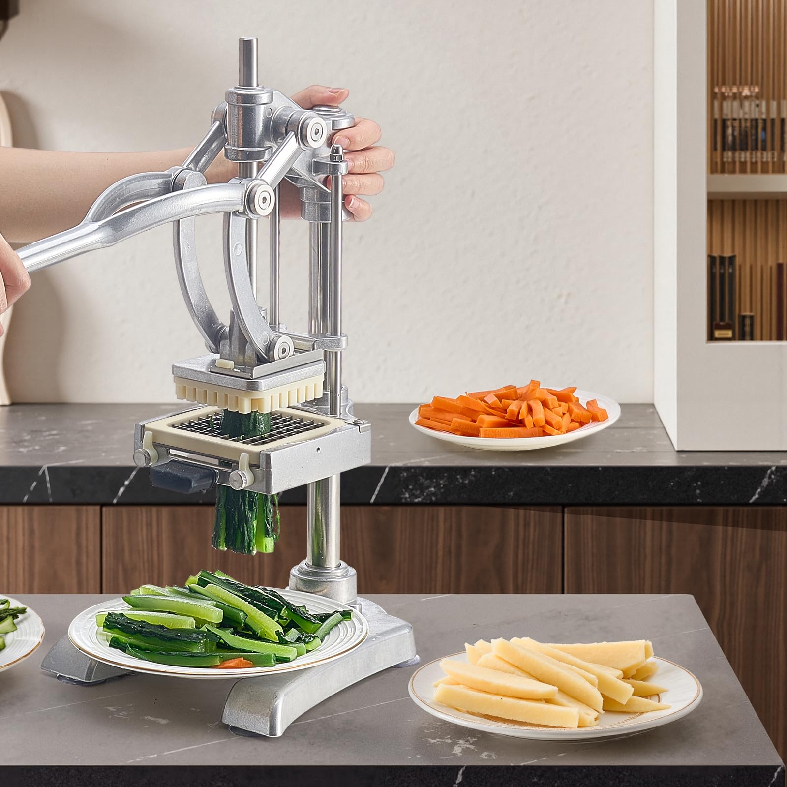 VEVOR Coupe-Frites Pomme de Terre Professionnel Manuel, Coupe-Légumes et Fruits Multifonction, en Inox, avec 3 Lames de Rechange 12,7/9,5/6,4 mm et 1 Lame à Jus, pour Cuisine Restaurant Maison