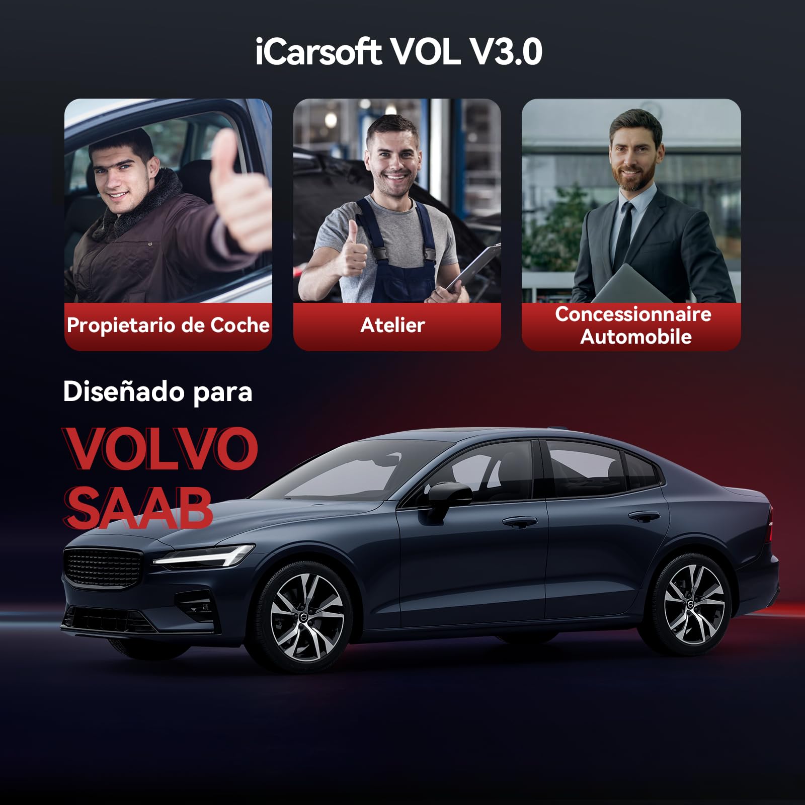 iCarsoft Vol V3.0 OBD2 Máquina Diagnosis Coche para Volvo/SAAB, Bidireccional Escáner de Todo el Sistema, 39 Funciones Reinicio, Prueba de Batería, Vin Automático, Actualizaciones de por Vida