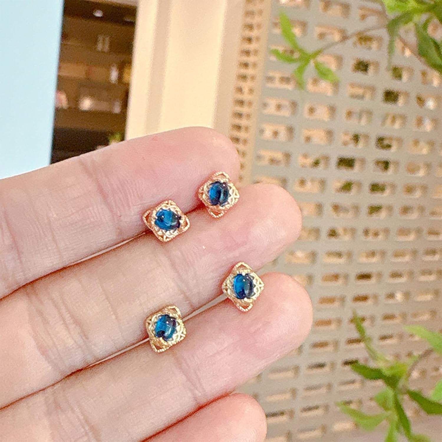 Blue Topaz Stud Earrings for Women, 925 Sterling Silver with 14K Gold Plating, Retro Lace Diamond-Shaped Design, Small & Elegant Jewelry Gift - Image 6
