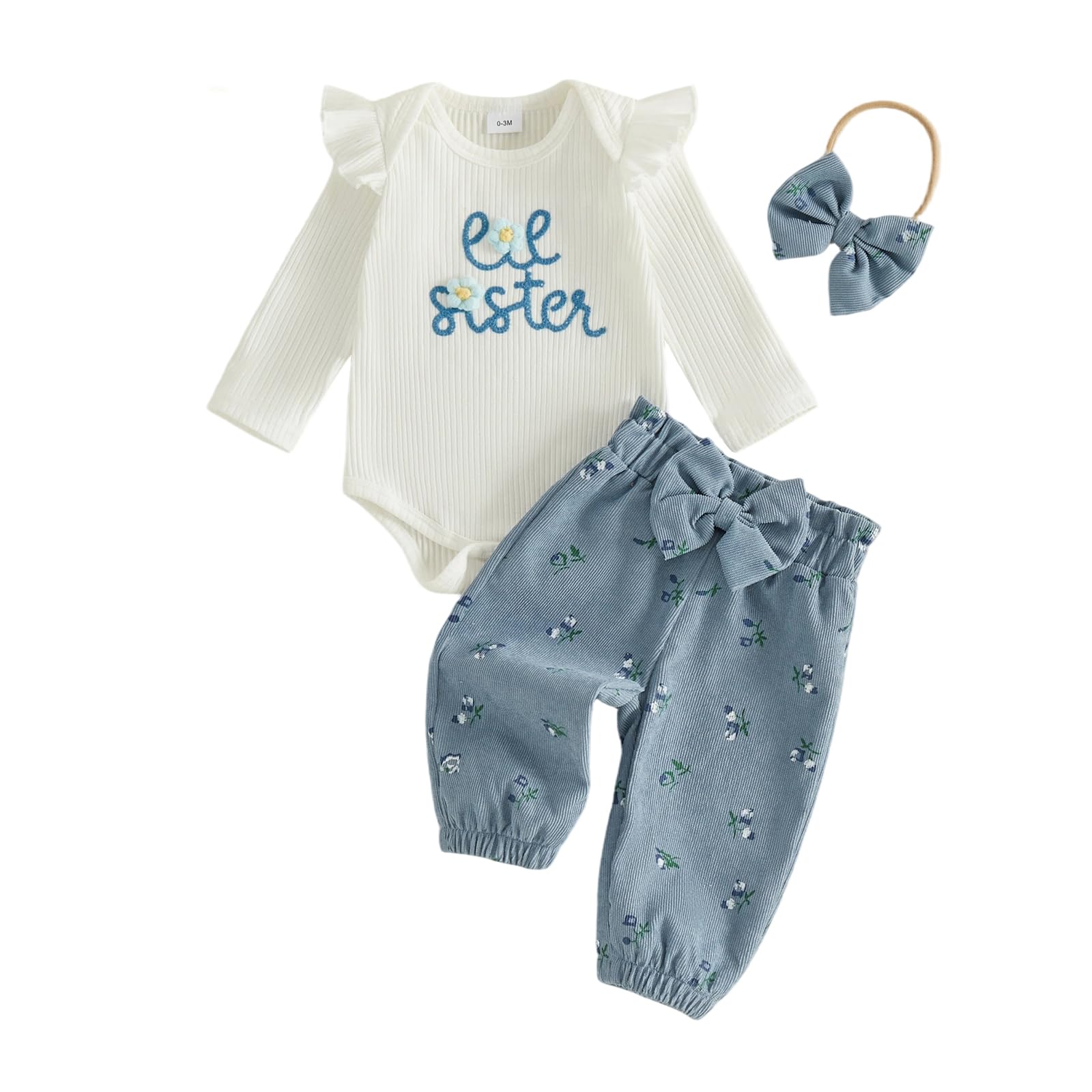 Newborn Baby Girl 3pcs Outfit Set Ribbed Bodysuit Floral Bow Jogger Pants | Baby Girl Clothes 0 3 6 9 12 Months,Fall Infant Clothes Ruffle Sleeve Fall Winter Romper, Floral Pants& Matching Bow Headband