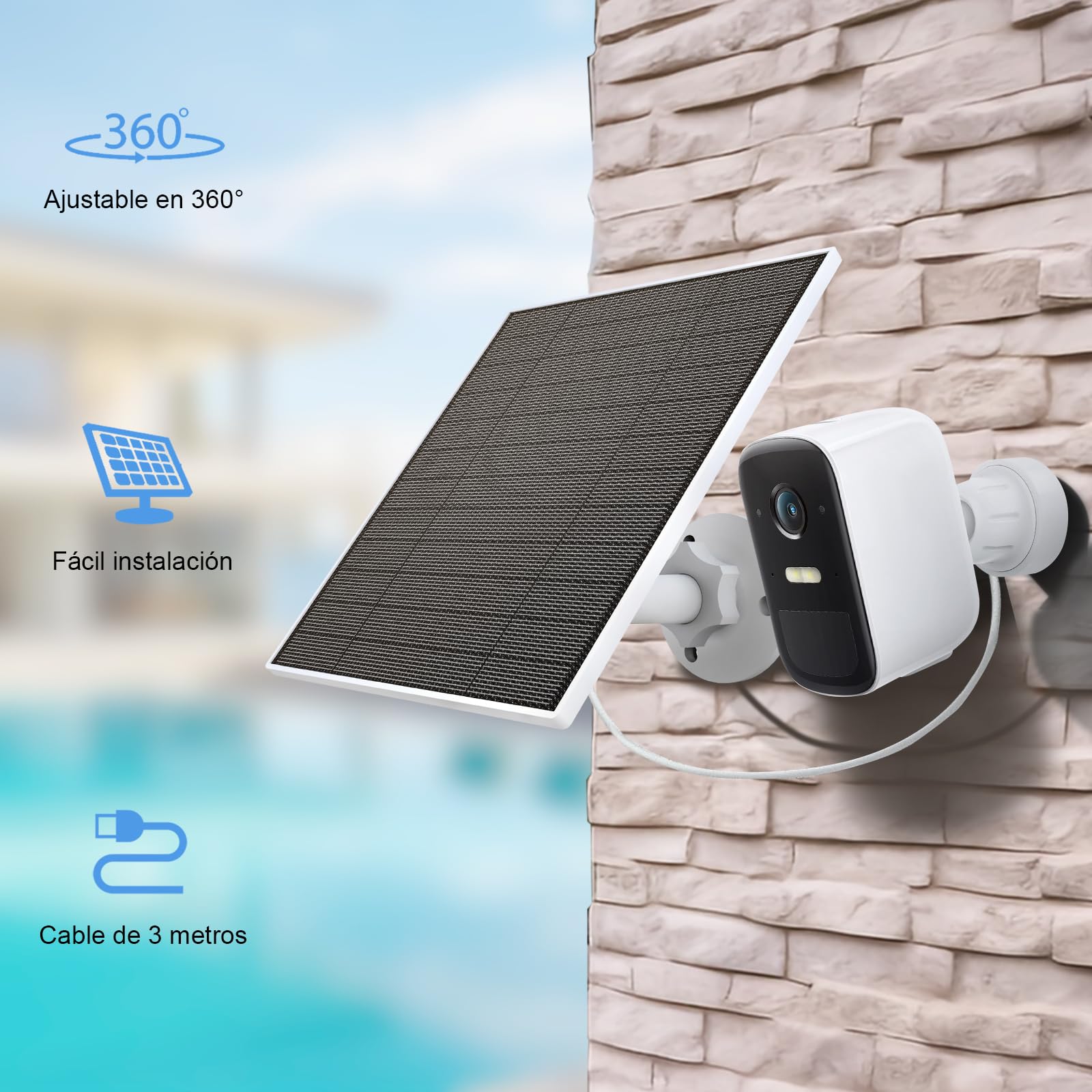 Panel Solar para Cámara Exterior Eufy, Compatible con la Cámara Eufycam, Suministro Continuo de Energía, Ncluye Cable de Carga de 9.8 pies, IP65 Resistente al Agua, Paquete de 3