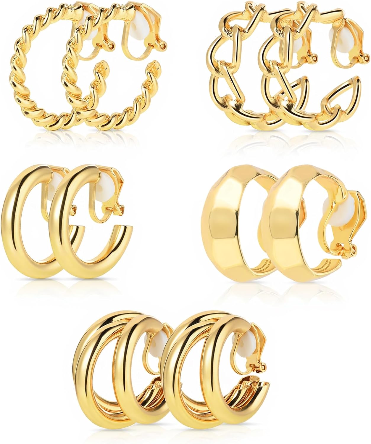 5 Pairs Gold Clip On Hoop Earrings for Women, Stylish Chunky Gold Hoops Earrings Set Golden Clip on Earring No Piercing Fake Earring Set