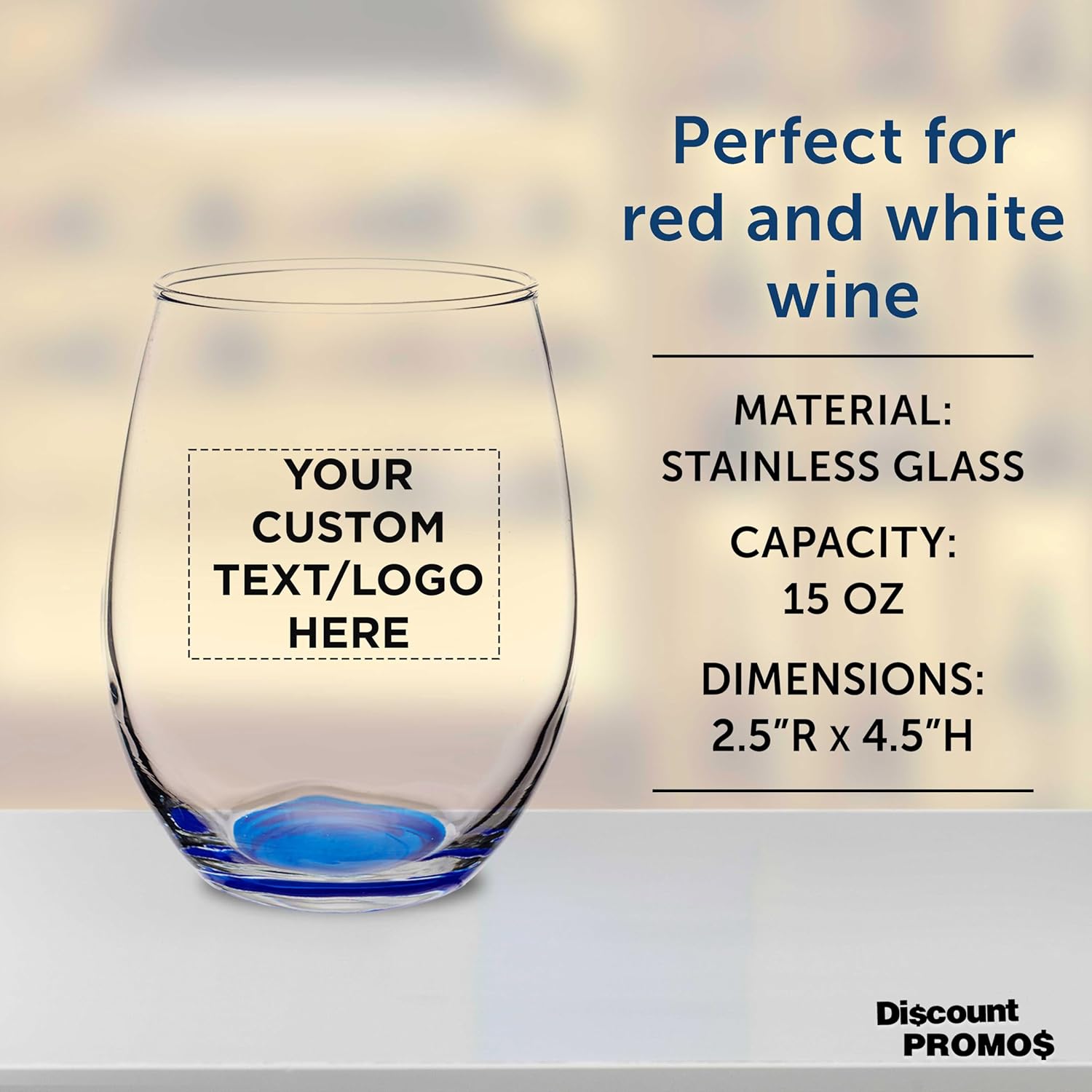 Custom Stemless Wine Glasses in Bulk by ARC Perfection, 15 oz, 10/50/100 pack, Personalized Text, Logo, Red or White Wine Glass - Blue