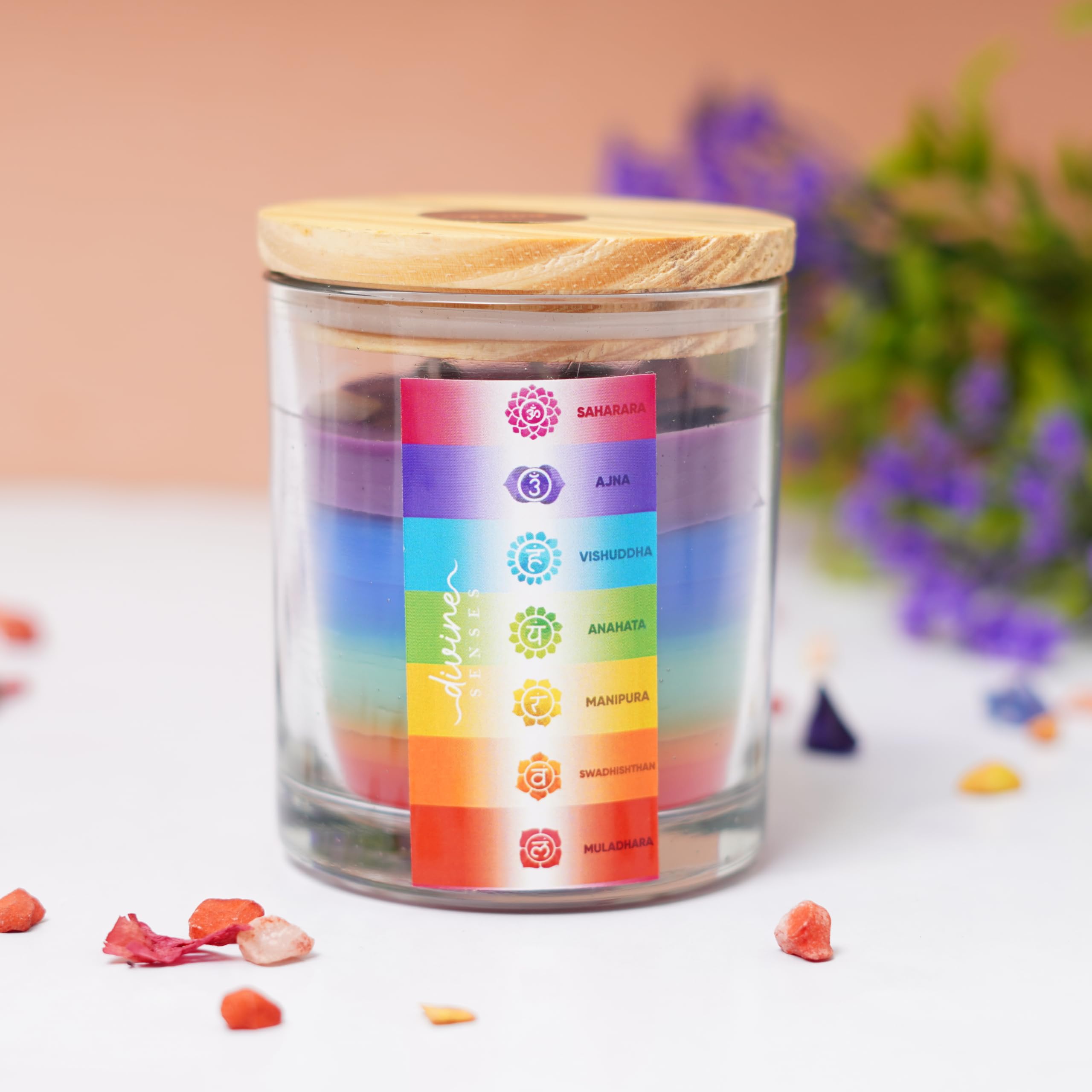 Divine Senses Seven Chakras Layered Candle with Healing Quartz Crystal Made in Full Moon | 7 Chakras from Crown to Root | Manifestation | Aromatherapy | Perfect for Positive Energy