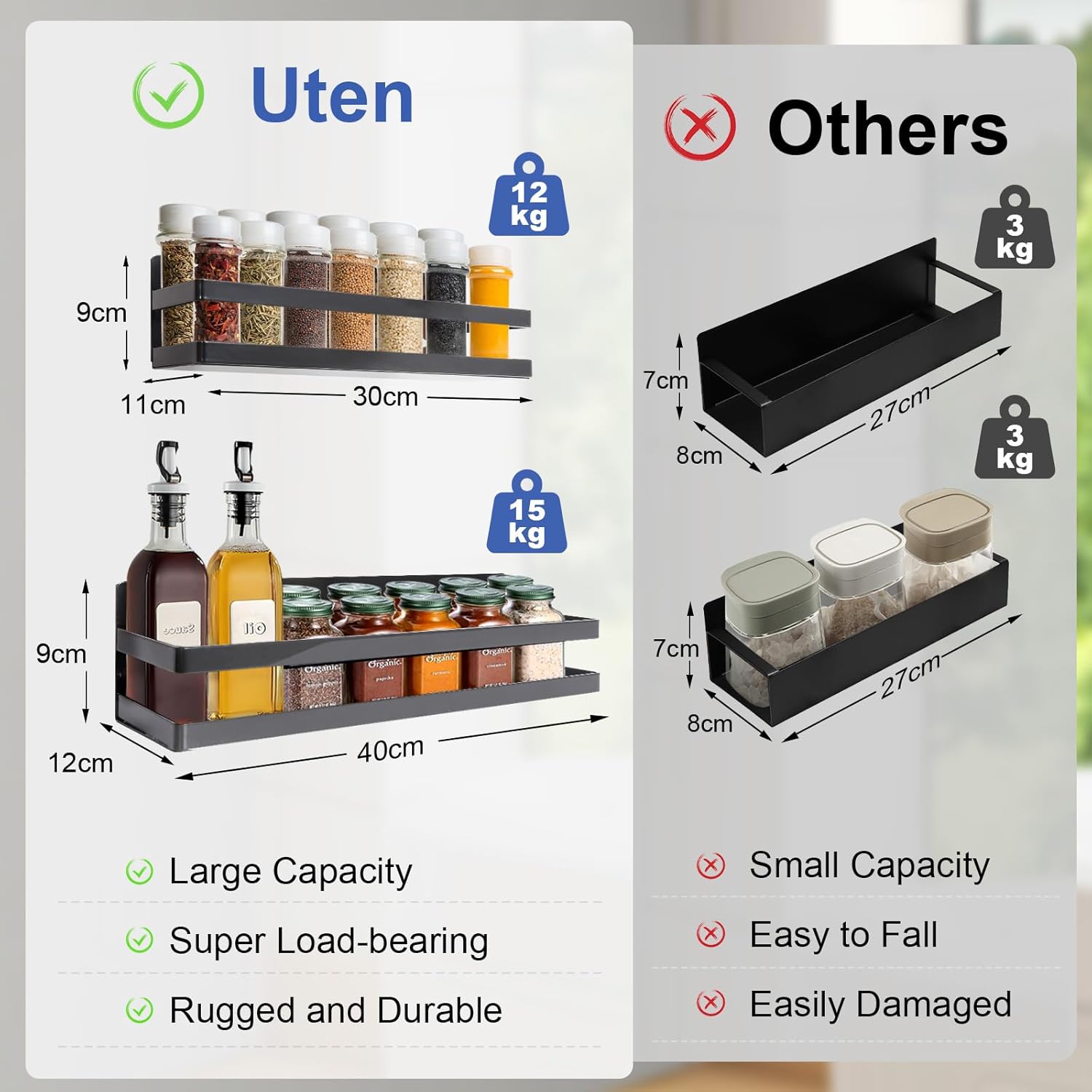 Uten Large Magnetic Spice Rack for Refrigerator, 2 Pack Enhanced Magnetic Shelves, Magnetic Shelf Moveable Fridge Organizer for Kitchen Holding Spices, Jars, Perfect Space Saver Storage Spice Rack - Image 8