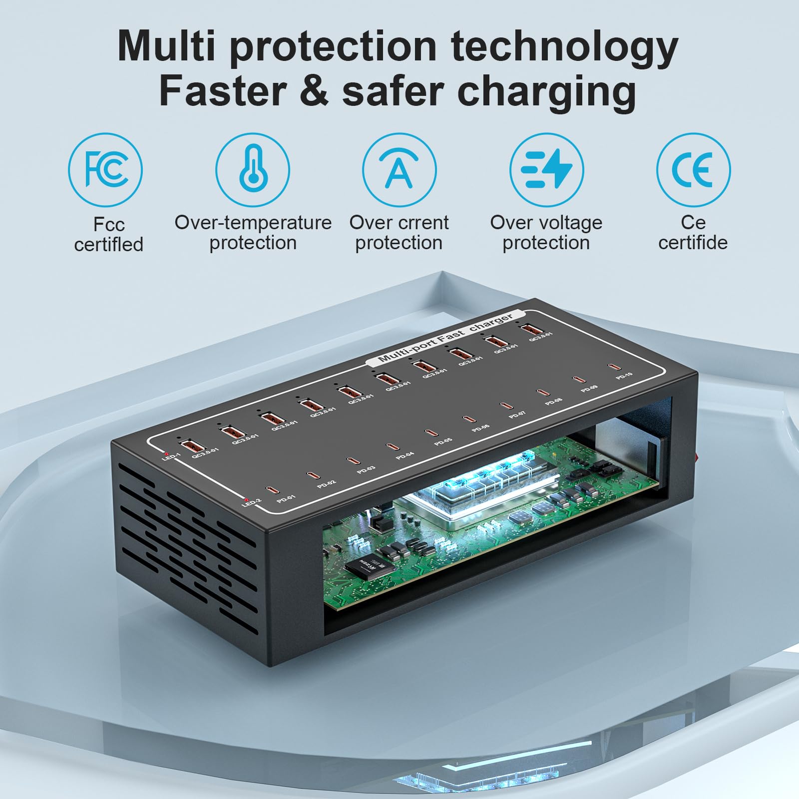 Estación de carga USB de 400 W, 20 puertos (10 USB C + 10 USB A) estación de carga rápida, protección inteligente, soporta carga rápida para MacBook, iPhone, teléfono Android, iPad, tabletas y otros