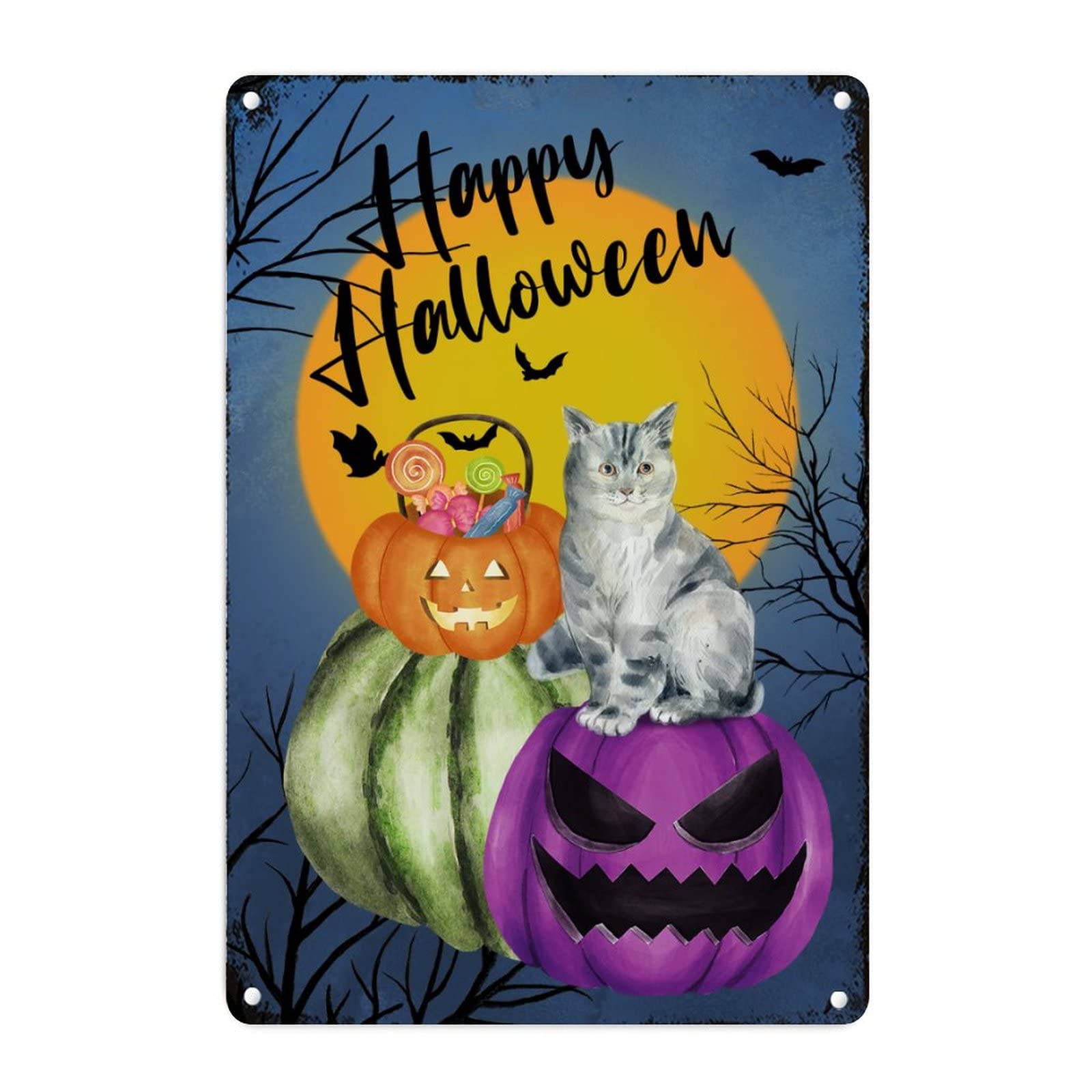 Plaque vintage Happy Halloween métal durable décoration murale de style 45x30 cm