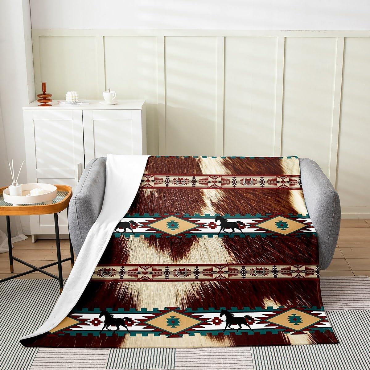 jejeloiu Western Flannel Fleece Throw Blanket Cowhide Cow Print Retro Fur Twin 60"x80" Boho Rustic Farmhouse Fleece Throw Blanket Exotic Geometric for Bed Couch Chair Teal Browm Bedroom Decor - Image 2