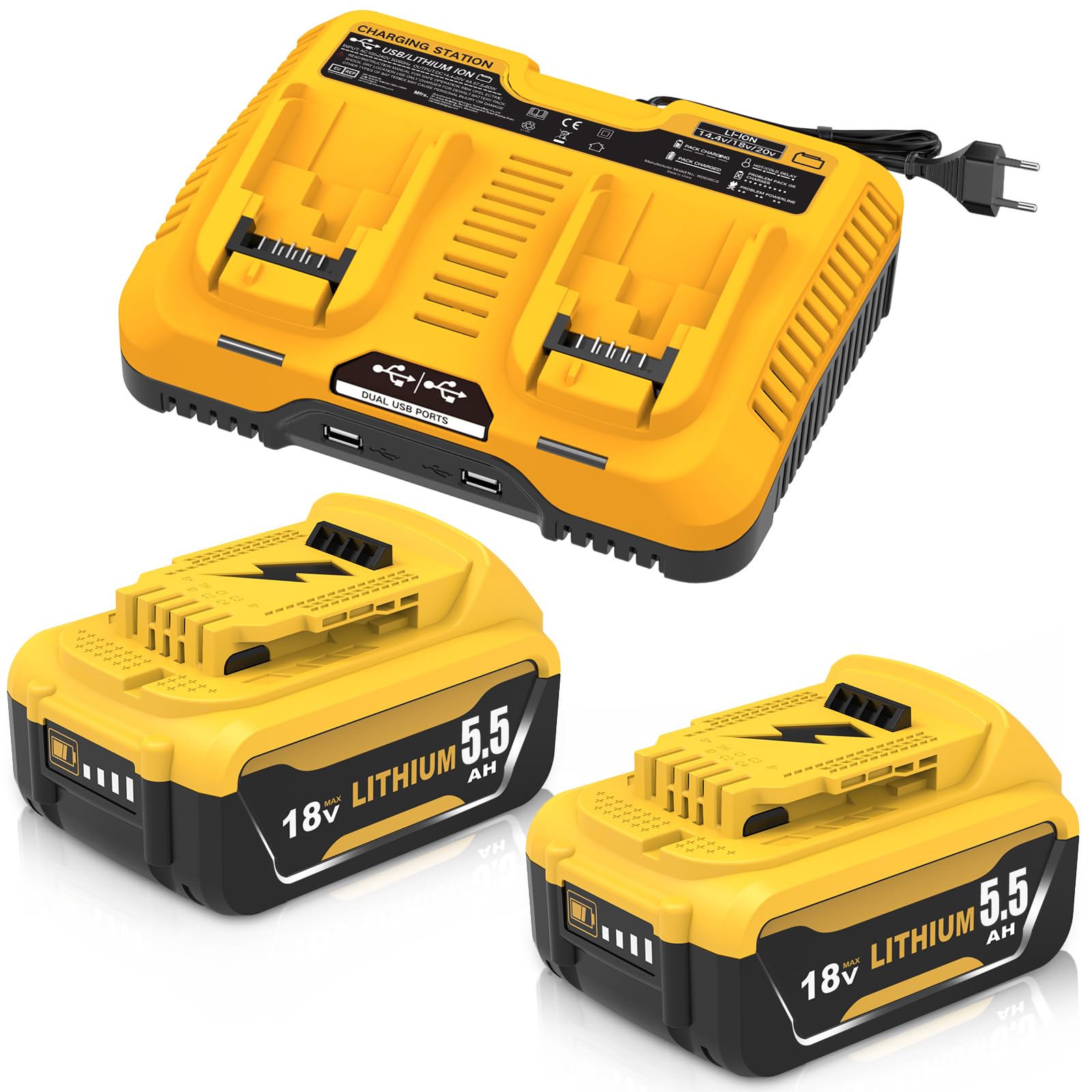 2 Baterías Iones Litio 5500 mAh, Compatibles con Dewalt 18V+1 Cargador