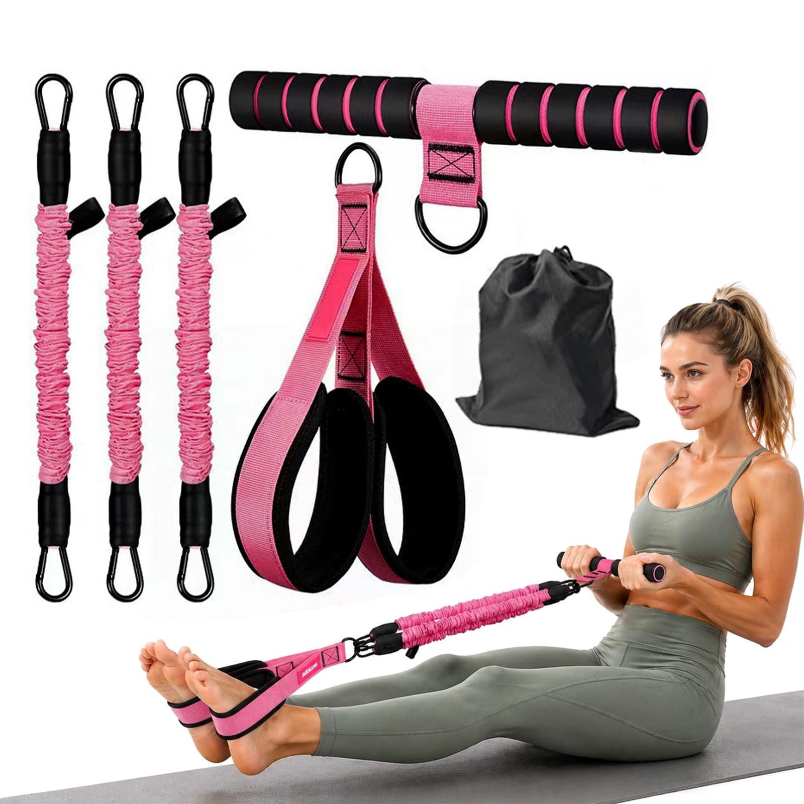 Multifunction Pedal Resistance Band with Handle,3 Tube Adjustable Resistance Bands,Sit-Up Training Equipment,Resistance Bands with Handle for Fitness, Weight Loss, Training, Yoga (pink)