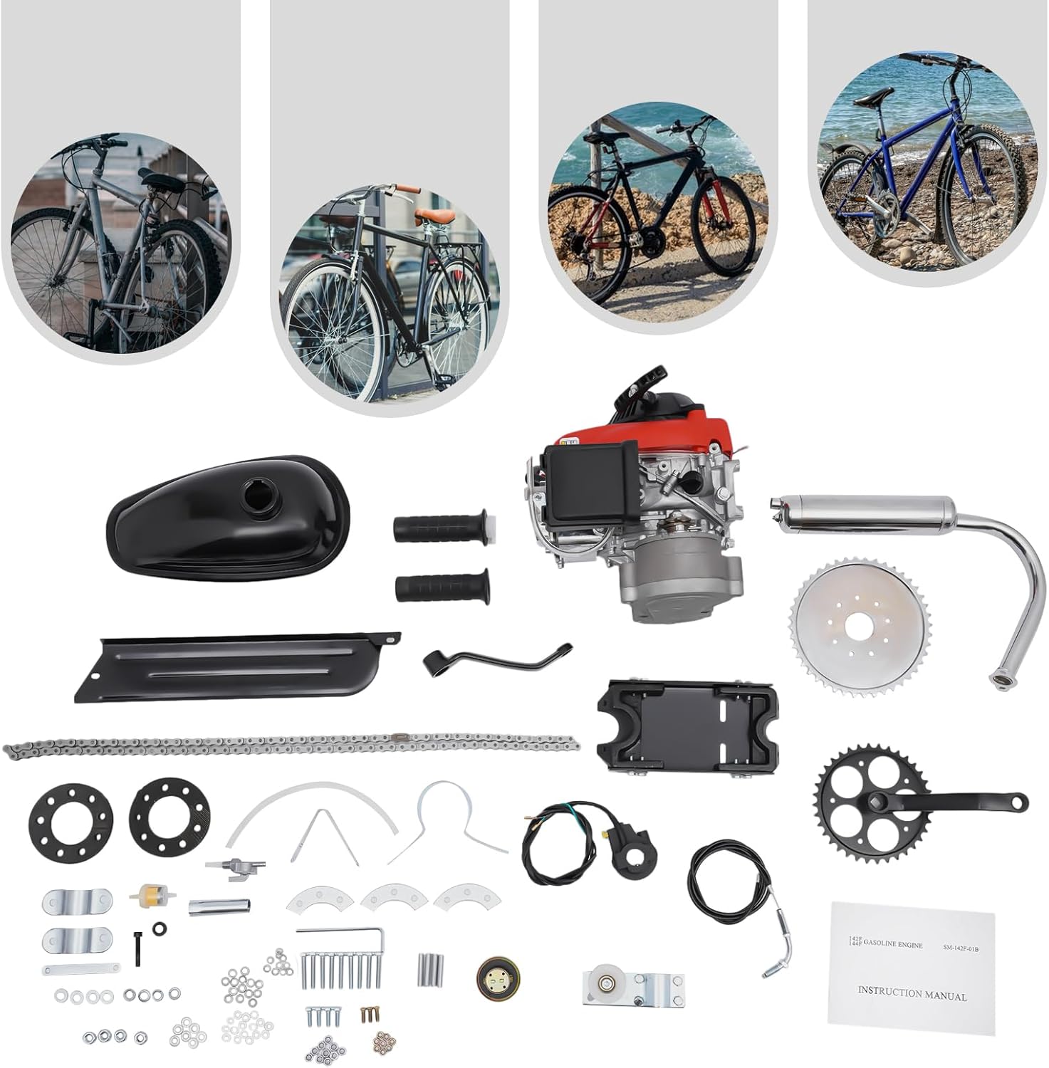 Bicycle Engine Kit, Upgrading 4 Stroke 53CC Motorized Bicycle Engine Kit Gas Petrol Motorized Powerful Bike Engine Conversion Kit TCI Hand-Pull Start DIY Modified Engine Full Set OHV 1.5kw
