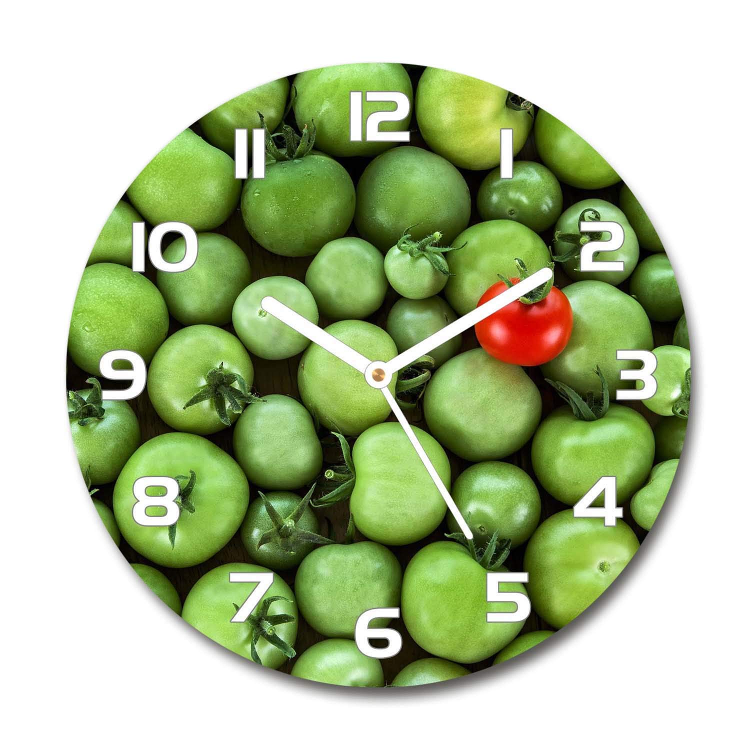 Horloge en verre 60x60cm Tulup avec aiguilles blanches et motif tomate mûre pour salon design