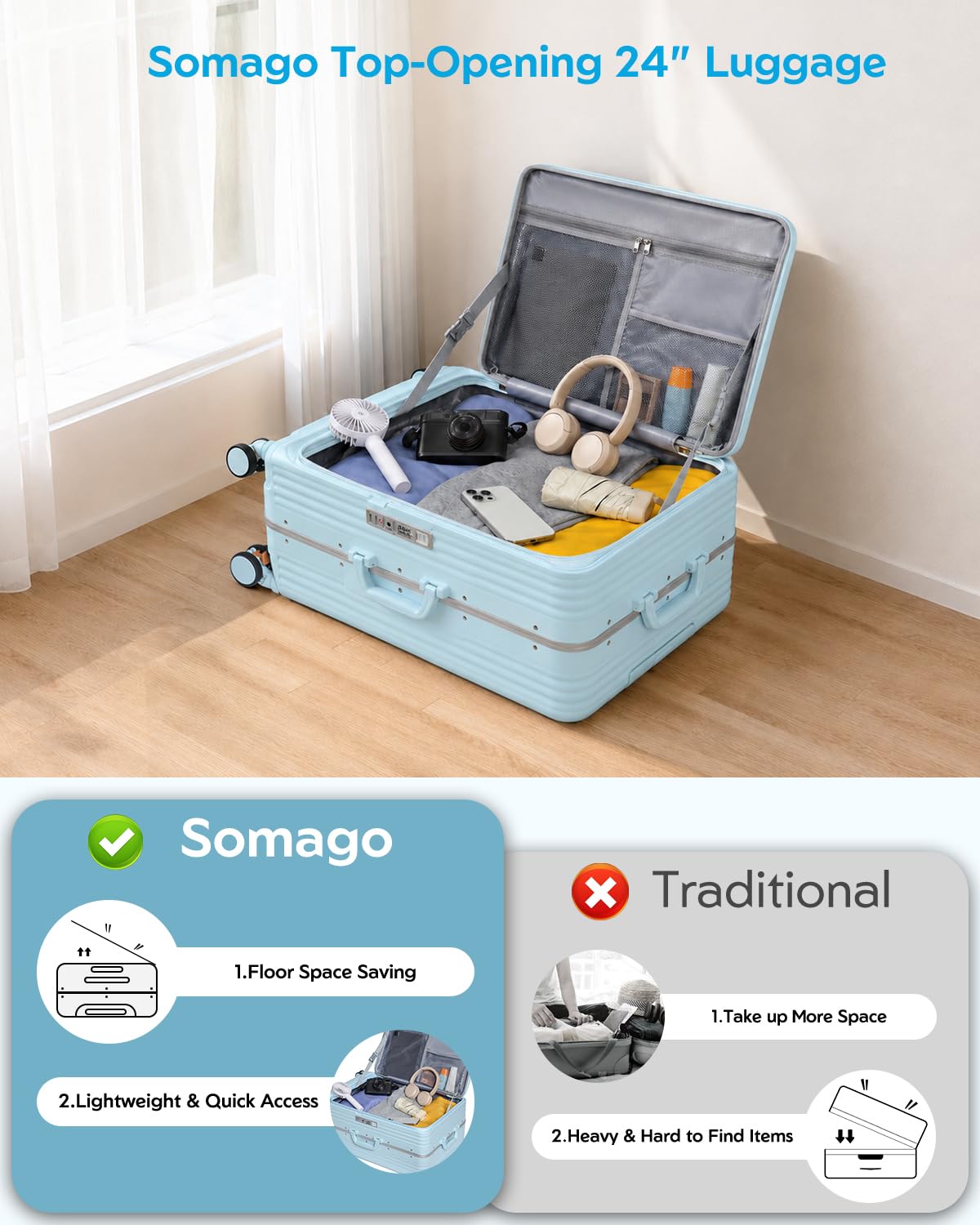 Somago Valigia leggera con portabicchieri e porta USB telaio in alluminio in policarbonato Spinner valigia rigida con serratura TSA, Azzurro chiaro, 24 Inch Checked Luggage, Leggero Pc Luaage Con