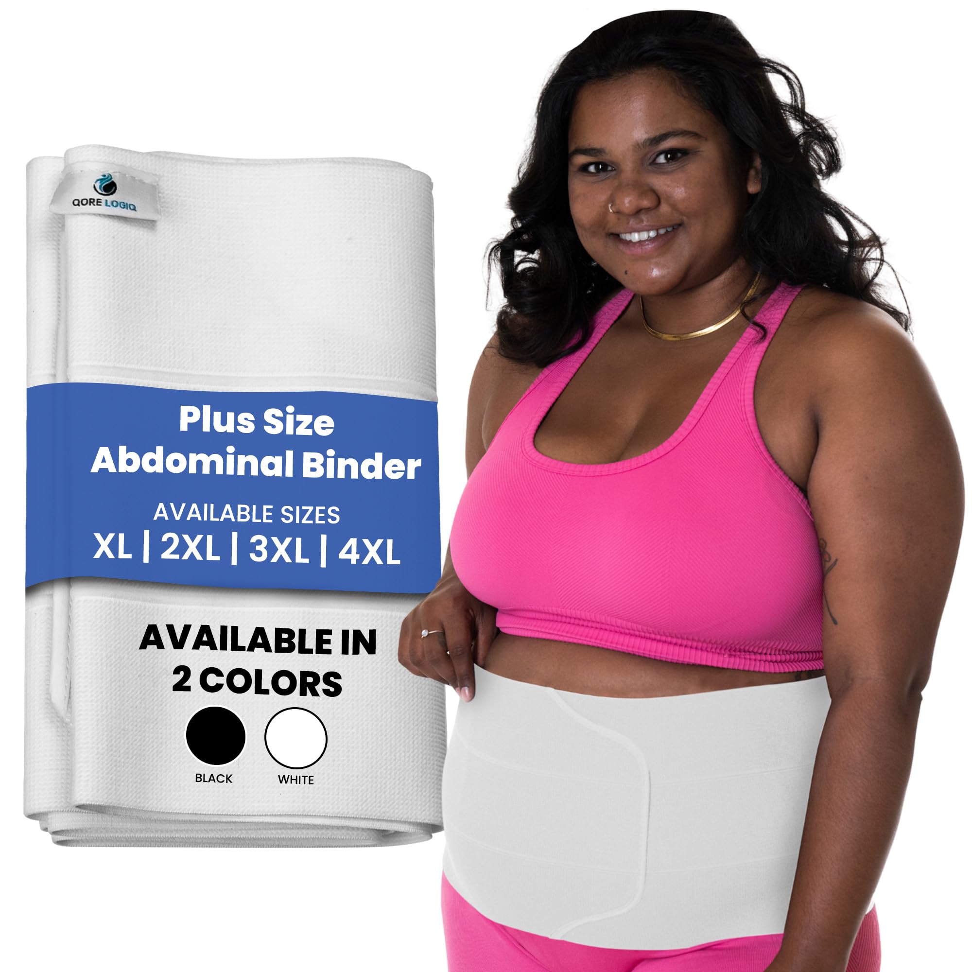 QORE LOGIQ Plus Size Abdominal Binder Post Surgery - C Section Belly Binder, Postpartum Belly Band, Adjustable 9" Compression Wrap for Stomach & Hernia Belt, White 4XL
