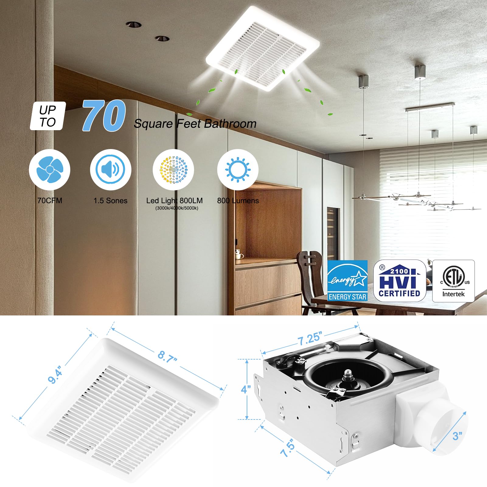Tech Drive - Ventilador de escape de baño con luz, 70 CFM, ventilador de baño súper silencioso de 1.5 tonos con luz, LED 3CCT de 800 lm, 3000 K/4000 K/5000 K seleccionable, certificado Energy Star