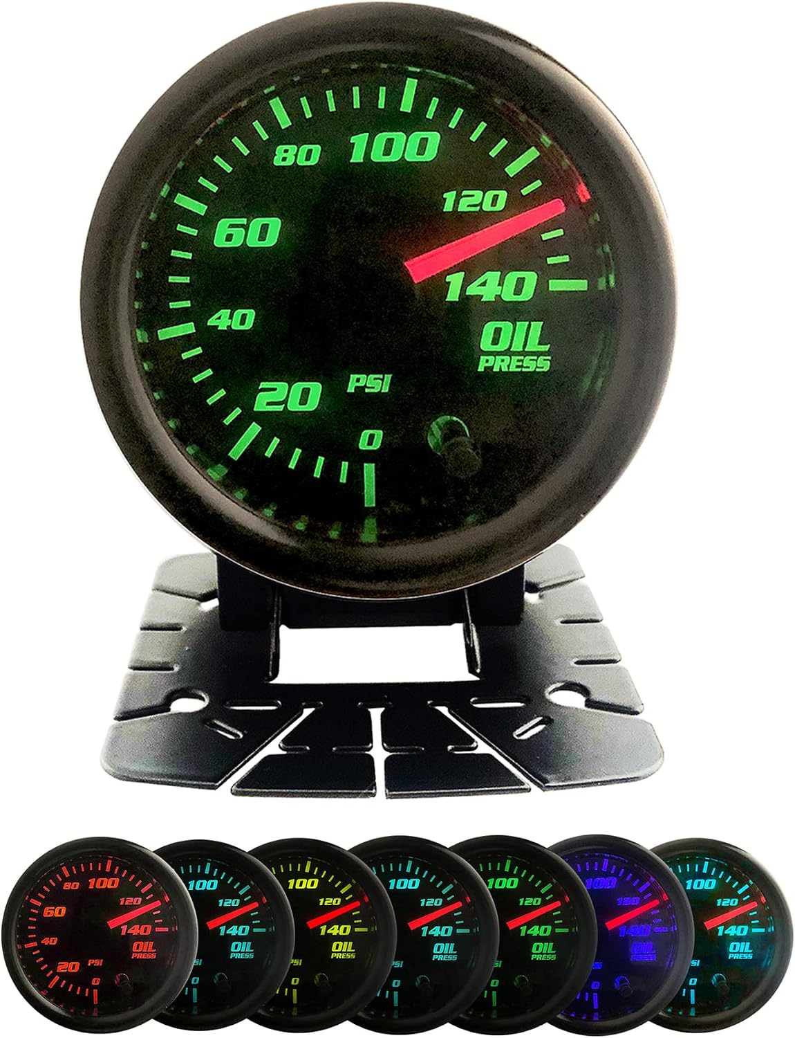 Oil Pressure Gauge 52mm Oil Press Meter with 1/8 NPT Male Thread Sensor,with Cup,2'',7 Colors, 0-140 PSI, Digital LED